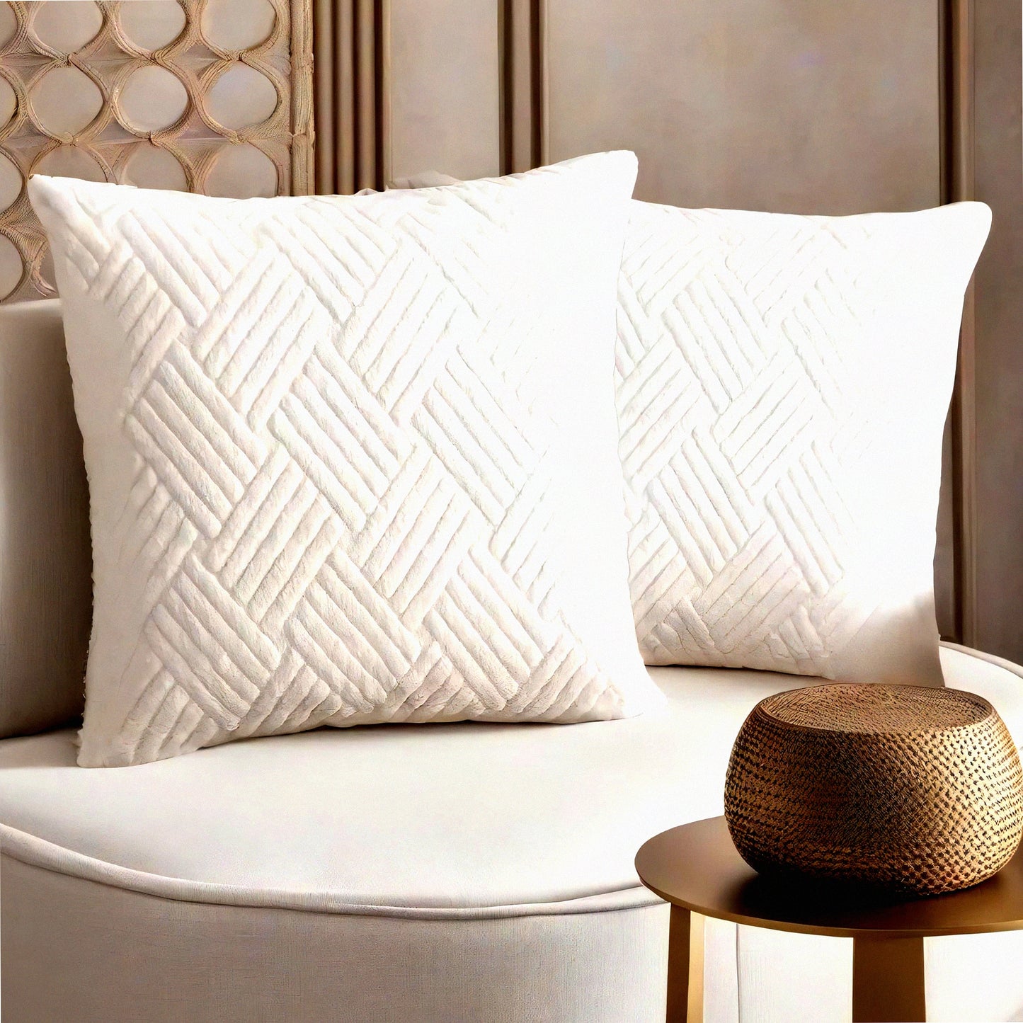 CozyStripe Pillowcase Set - Soft Fuzzy Cushion Covers for Couch Sofa Bed - Decorative Home Decor for Livingroom - Off White - 20x20 - Pack of 2