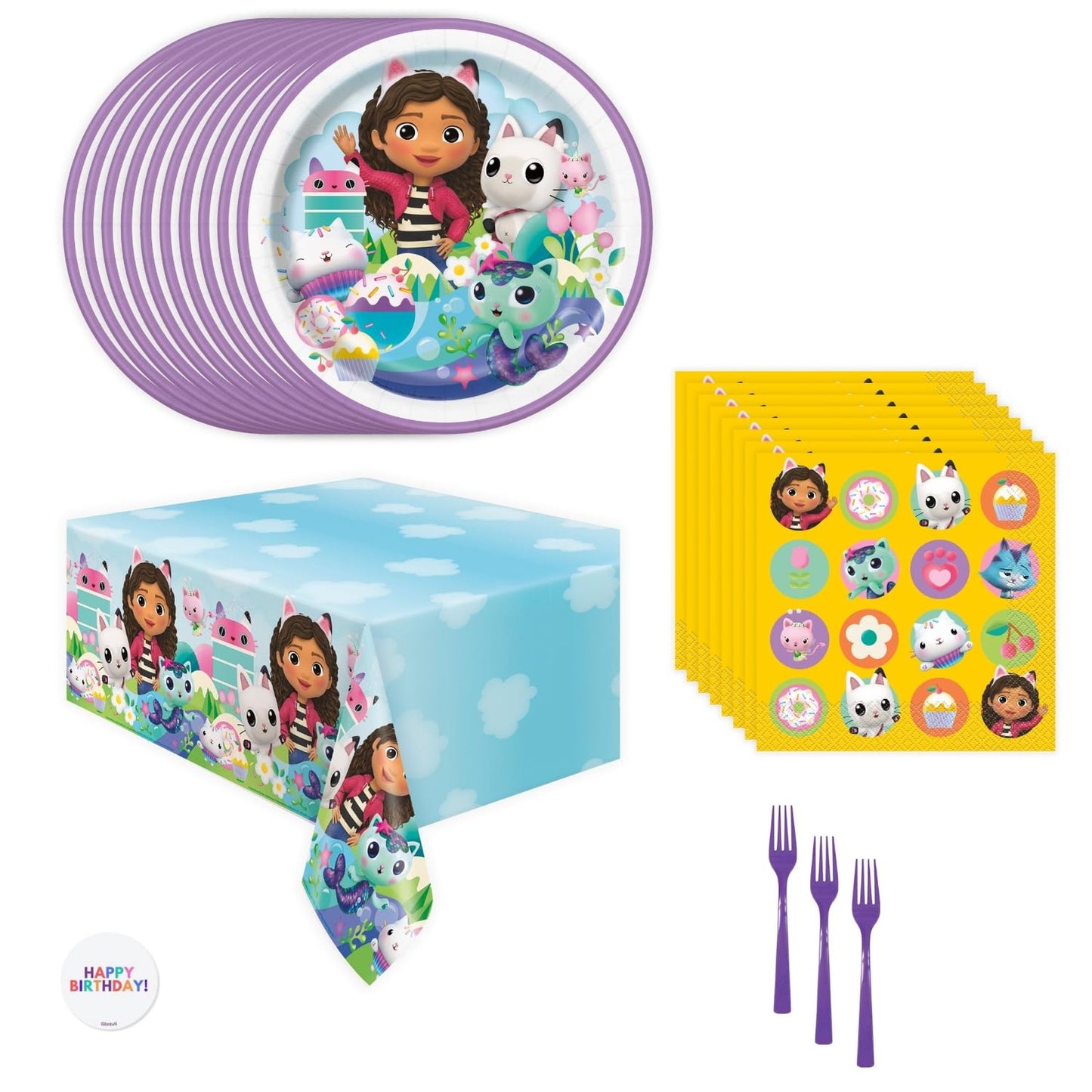 Dollhouse Party Pack for 16 - Plates, Napkins, Table Cover, Forks, Sticker - Gabby's Birthday Decorations - Officially Licensed - 16 Guests