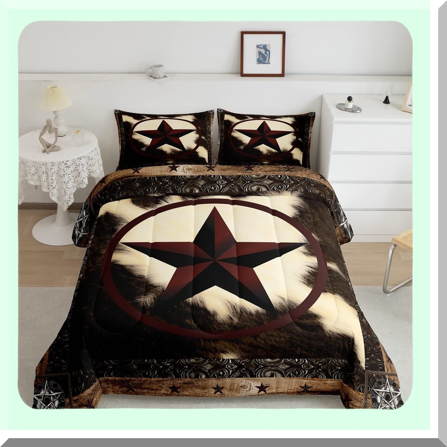 Western Star Cowhide Comforter Set - Rustic Queen Bedding with Bull Cattle Duvet Insert, Farm Animal Down Comforter, Vintage Home Decor for Men and Women. Includes 2 Pillow Shams for a Warm and Cozy Bedroom.