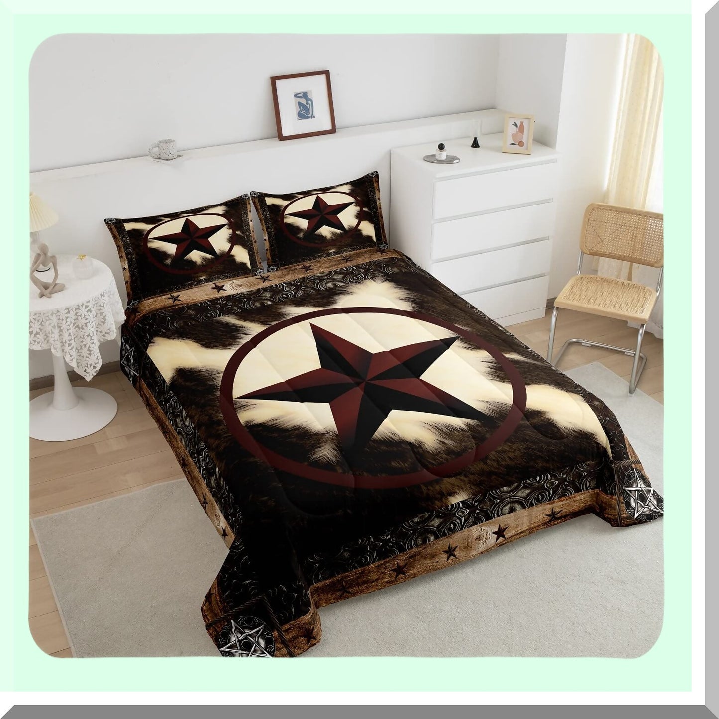 Western Star Cowhide Comforter Set - Rustic Queen Bedding with Bull Cattle Duvet Insert, Farm Animal Down Comforter, Vintage Home Decor for Men and Women. Includes 2 Pillow Shams for a Warm and Cozy Bedroom.