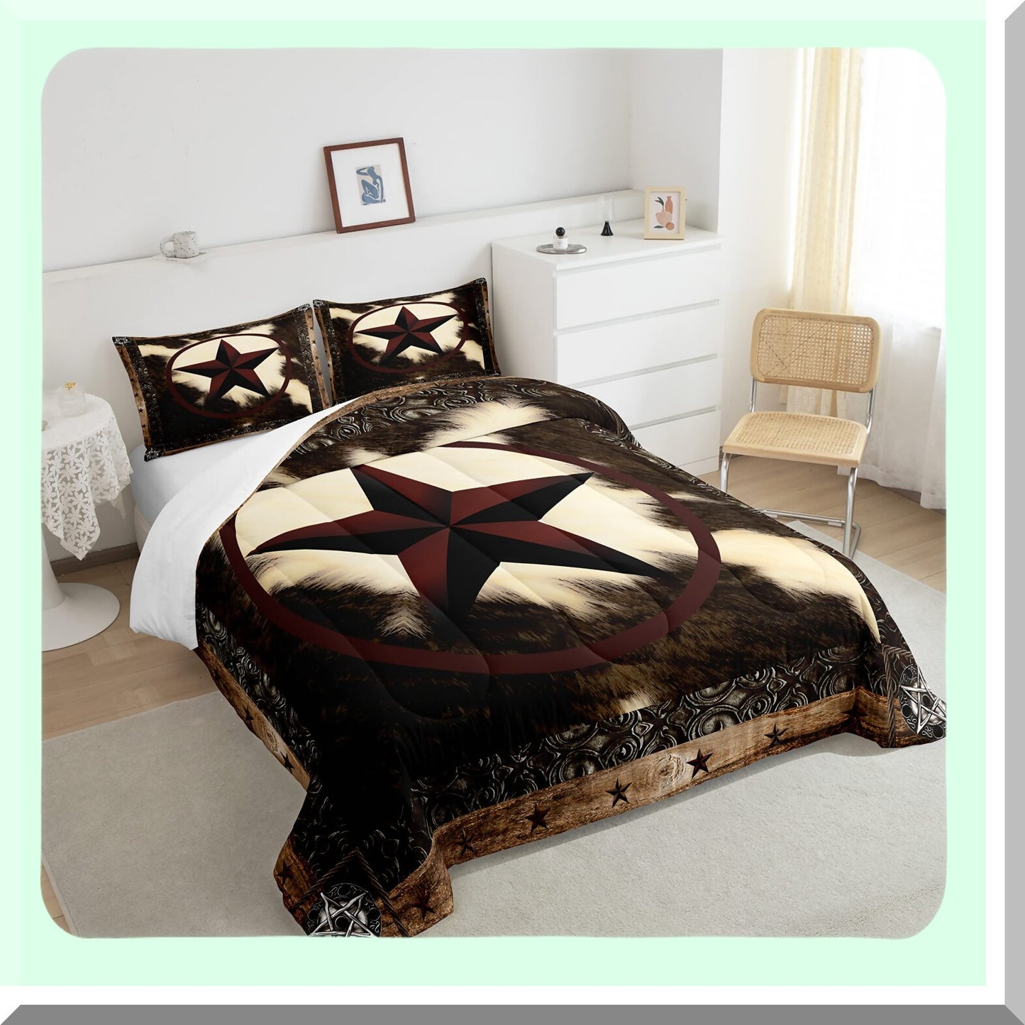 Western Star Cowhide Comforter Set - Rustic Queen Bedding with Bull Cattle Duvet Insert, Farm Animal Down Comforter, Vintage Home Decor for Men and Women. Includes 2 Pillow Shams for a Warm and Cozy Bedroom.