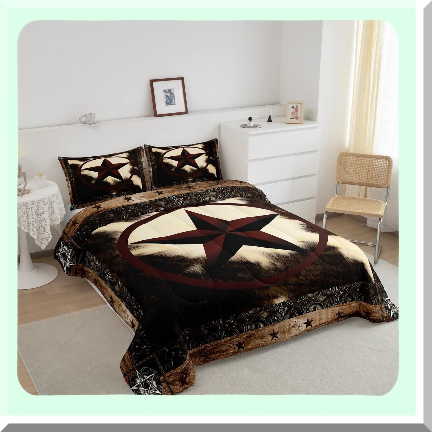 Western Star Cowhide Comforter Set - Rustic Queen Bedding with Bull Cattle Duvet Insert, Farm Animal Down Comforter, Vintage Home Decor for Men and Women. Includes 2 Pillow Shams for a Warm and Cozy Bedroom.