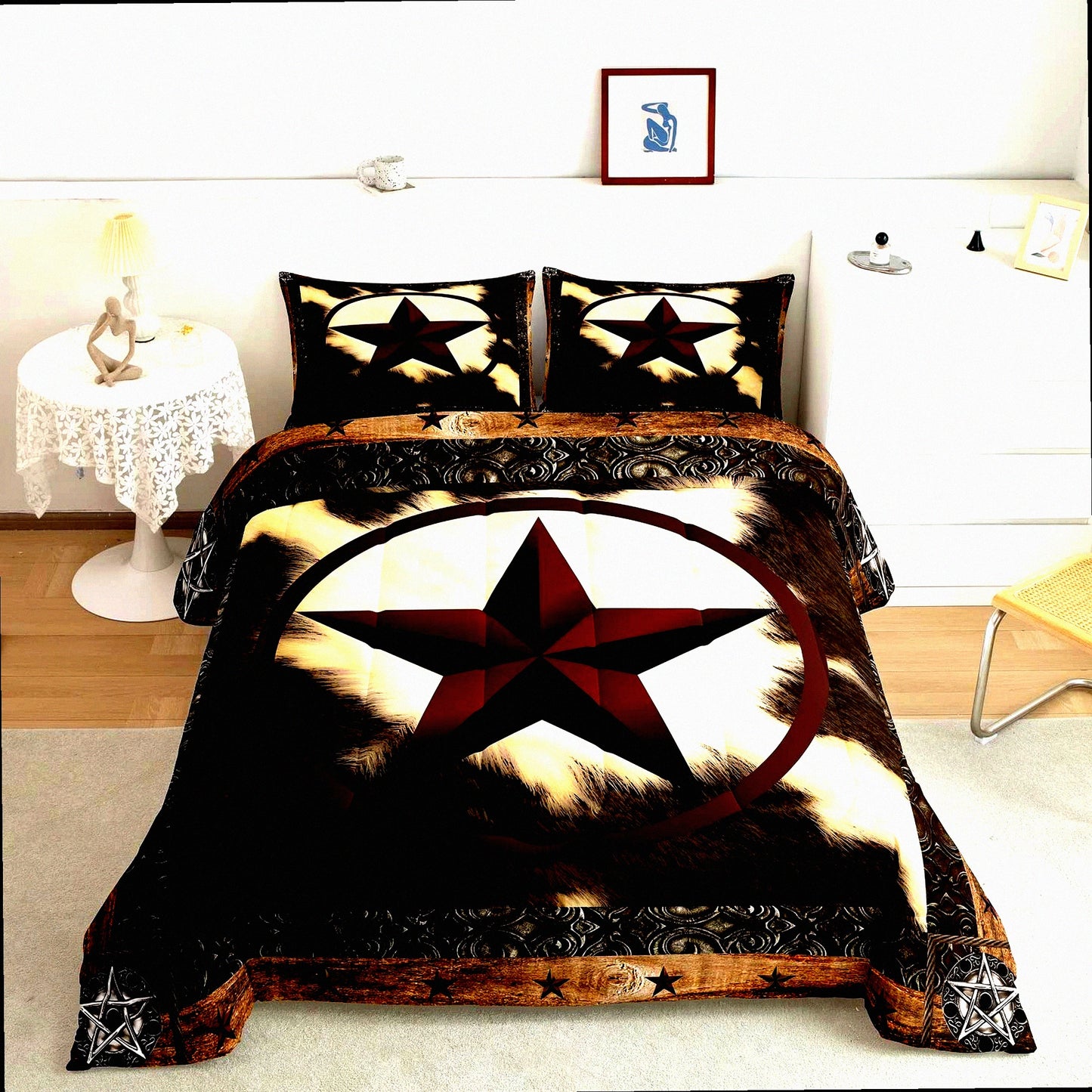 Western Star Cowhide Comforter Set - Rustic Queen Bedding with Bull Cattle Duvet Insert, Farm Animal Down Comforter, Vintage Home Decor for Men and Women. Includes 2 Pillow Shams for a Warm and Cozy Bedroom.