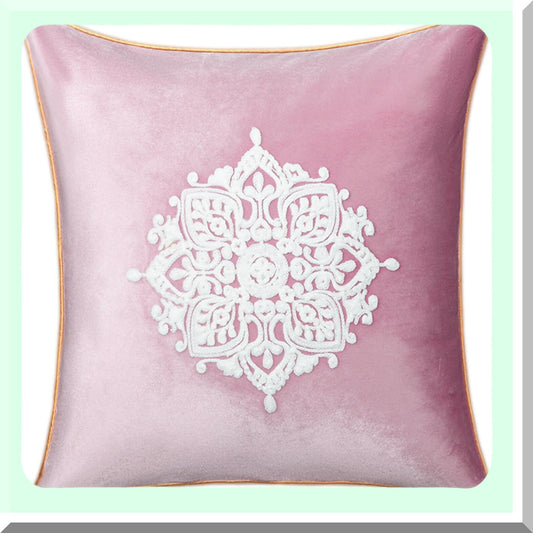 Floral Velvet Embroidered Pillow Cover - Elegant Vintage Style Square Cushion Case for Bed Living Room Office Decor - 18x18 Inches Sweet Pink Gift
