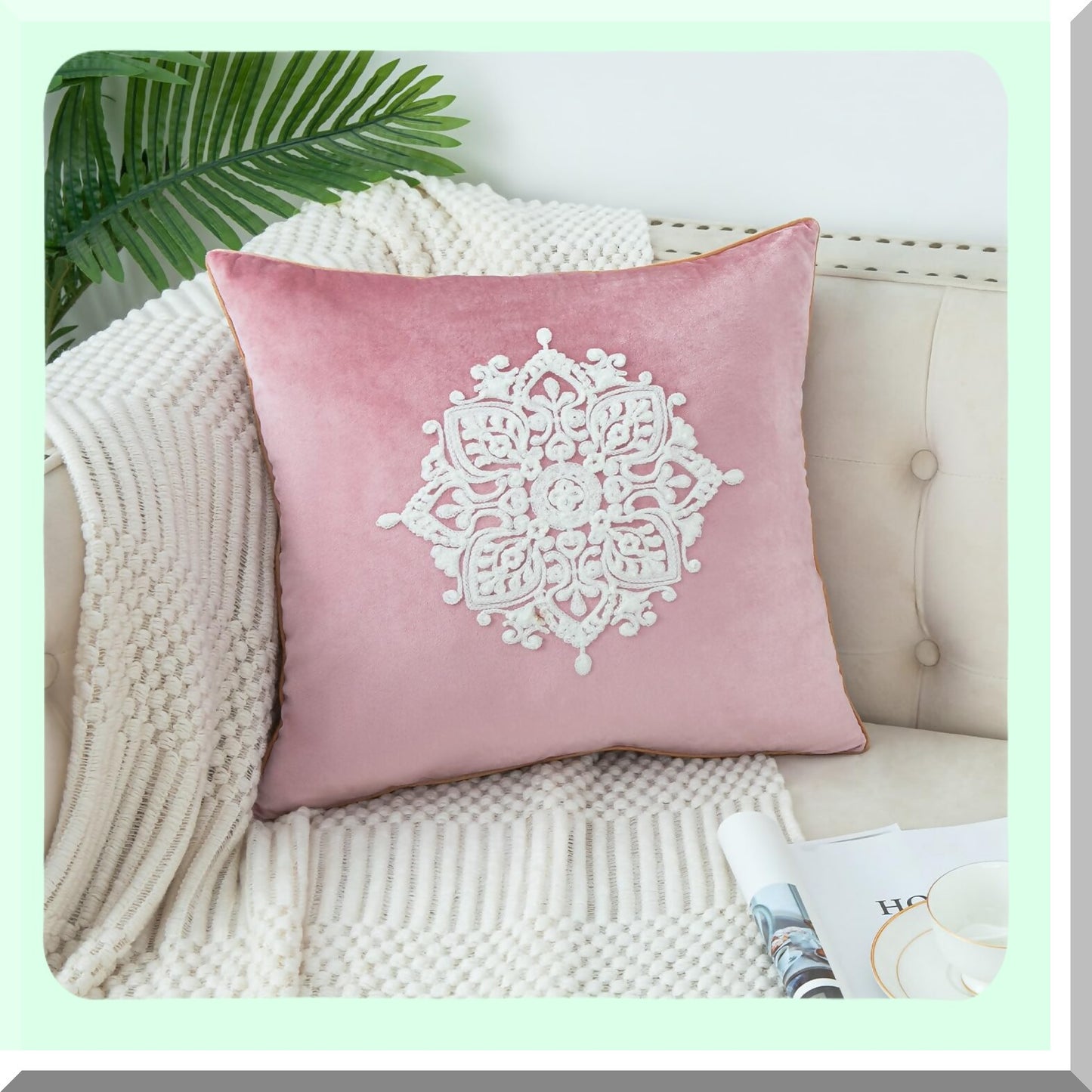 Floral Velvet Embroidered Pillow Cover - Elegant Vintage Style Square Cushion Case for Bed Living Room Office Decor - 18x18 Inches Sweet Pink Gift