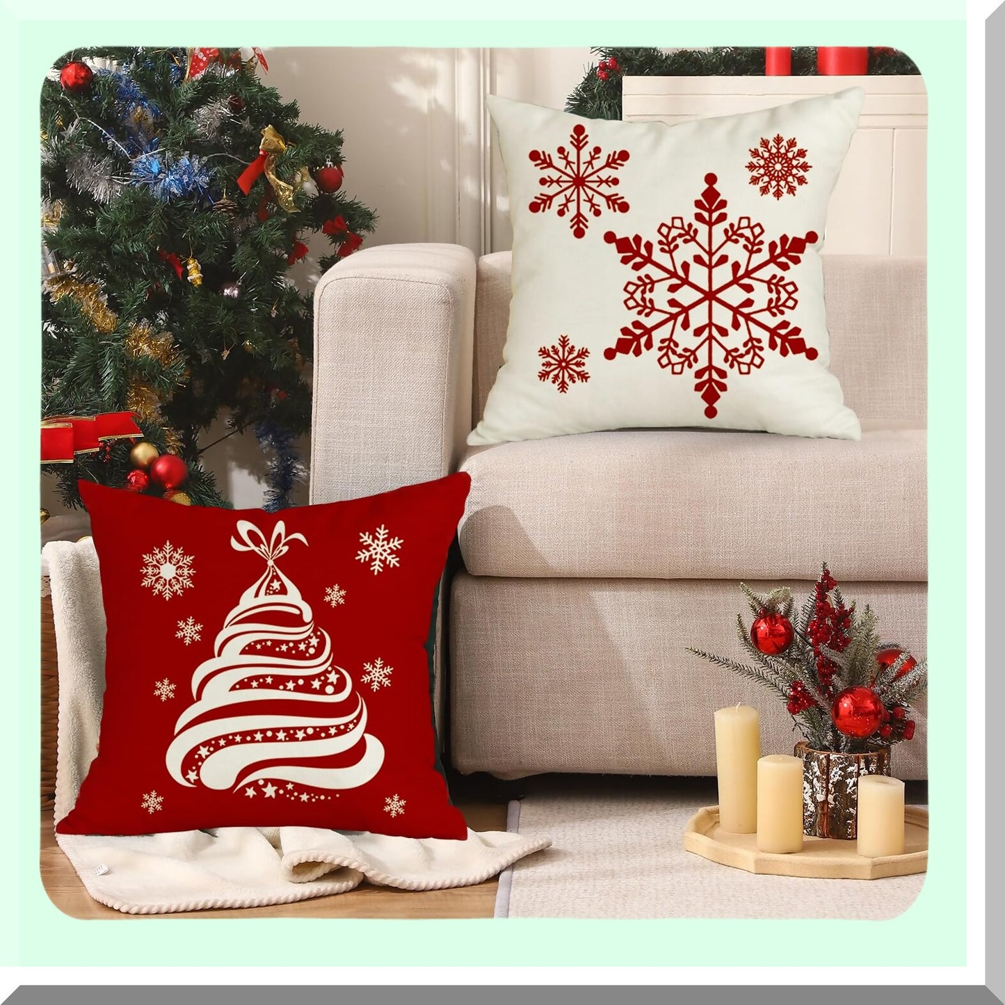 Winter Wonderland Pillow Covers - Set of 2, 20x20 Inch Tree Decorative Throw Pillows with Xmas Snowflakes Design. Red and White Cushion Covers for Couch or Sofa.