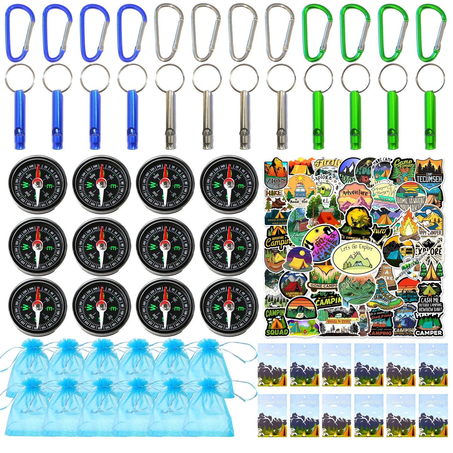 Adventure Camp Party Pack - 110PCS Camping Birthday Favors with Whistles, Keychain, Stickers. Perfect for Outdoor Exploration and Nature Fun!