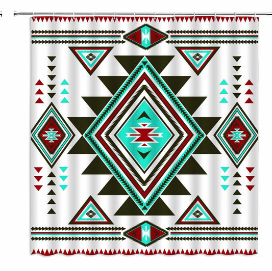 Boho Geometric Shower Curtain Teal Red 50in