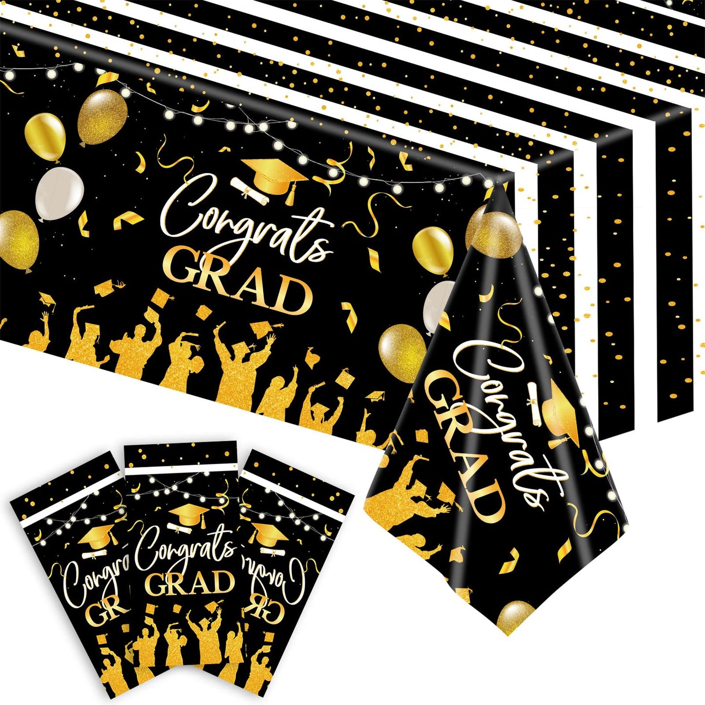 2024 Grad Party Table Set - Black Gold Graduation Table Kit - 3Pcs Tablecloths & Banner - Congrats Grad Rectangle Table Cover - 54 x 108 Inch - Decorations