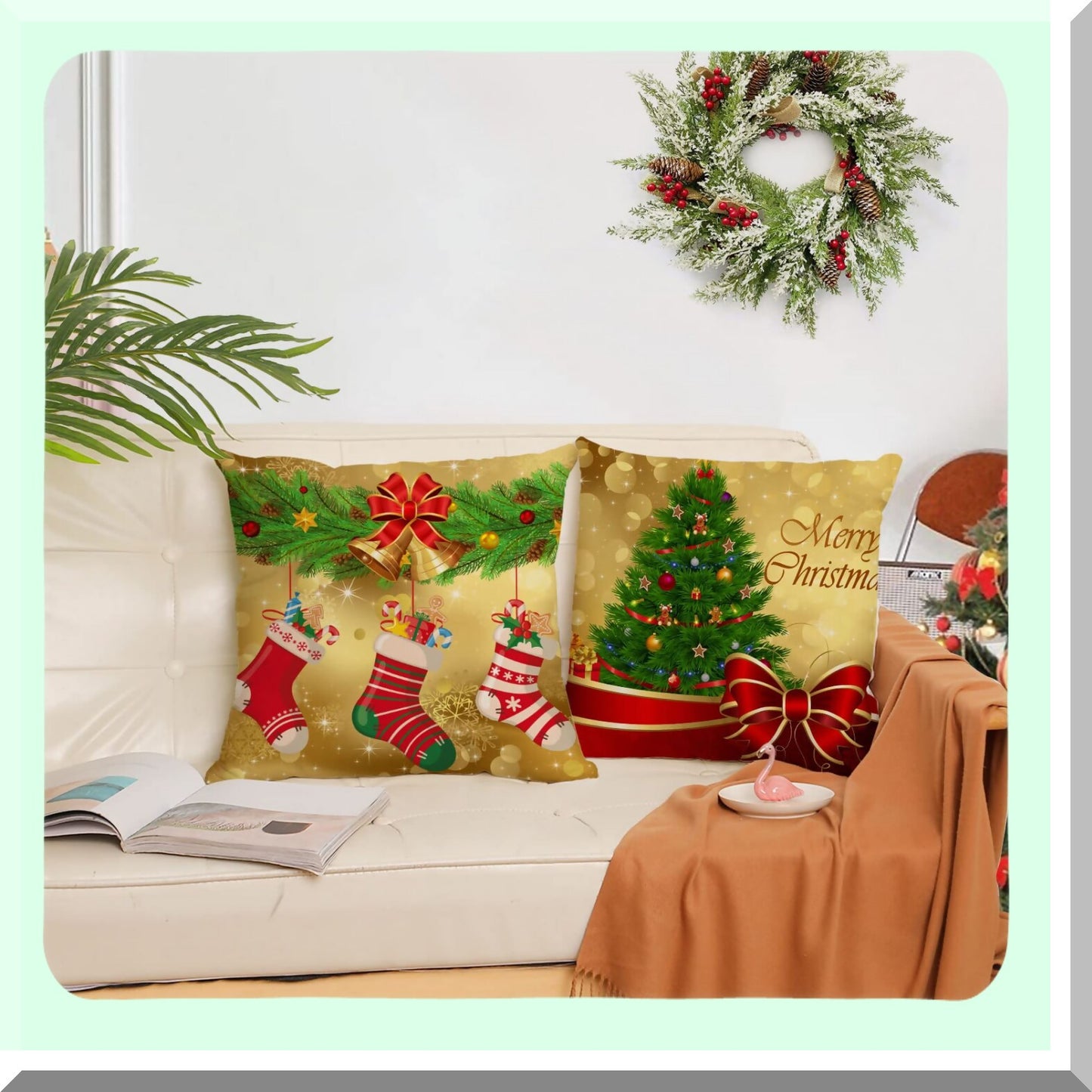 Gold Tree Velvet Holiday Pillow Covers - Set of 4 Merry Xmas Throw Pillow Cases for Outdoor Couch Sofa - New Year Cushion Covers 18x18 Inch