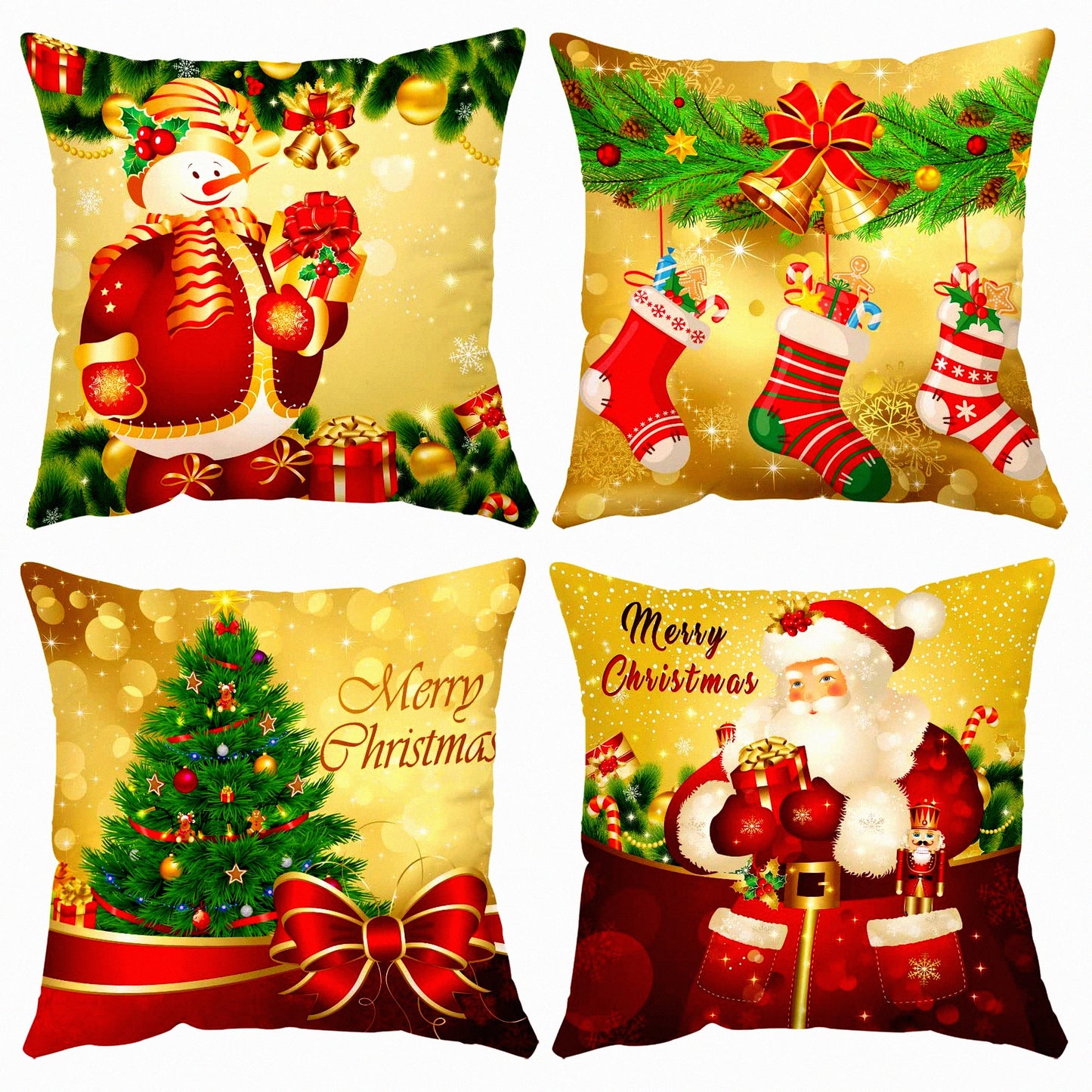 Gold Tree Velvet Holiday Pillow Covers - Set of 4 Merry Xmas Throw Pillow Cases for Outdoor Couch Sofa - New Year Cushion Covers 18x18 Inch