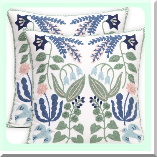 Floral Bird Embroidered Pillowcase Set - Farmhouse Decorative Throw Pillow Cover 18x18 Inch for Living Room Sofa Bed - Pack of 2 Flower Cushion Cover