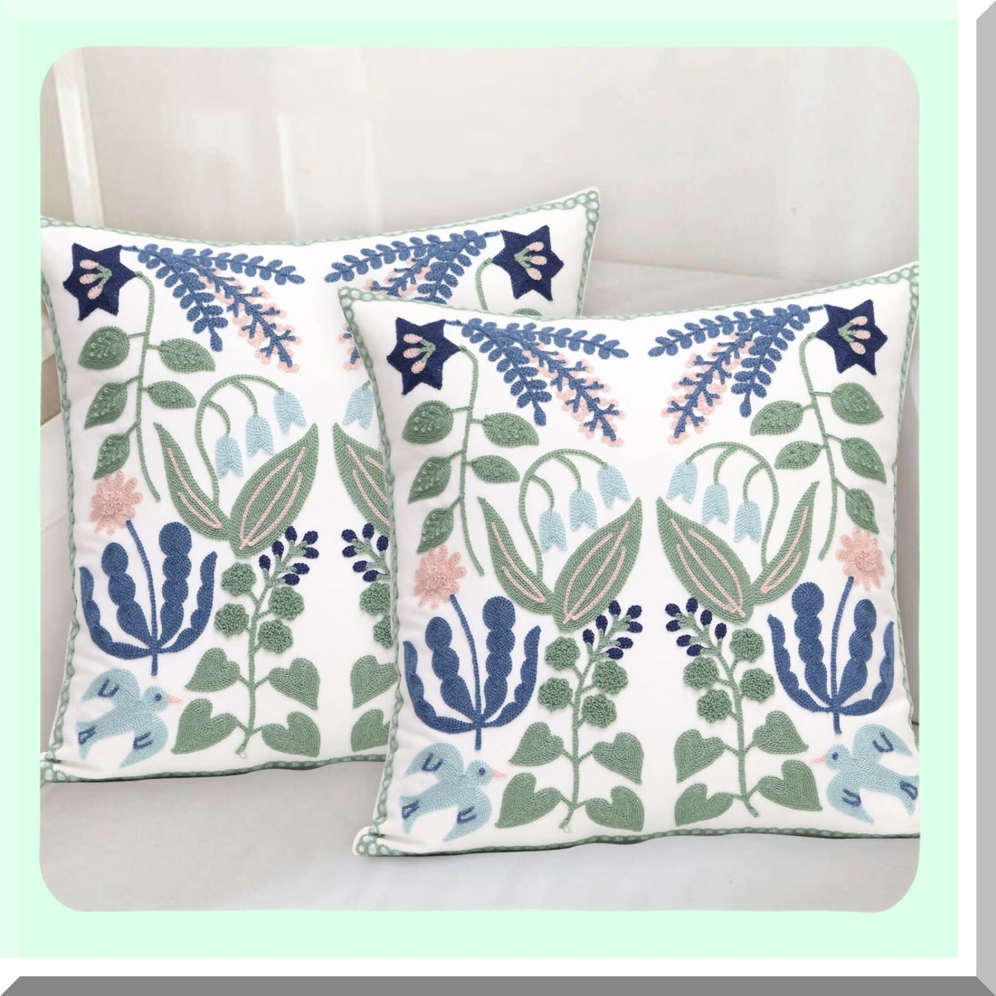 Floral Bird Embroidered Pillowcase Set - Farmhouse Decorative Throw Pillow Cover 18x18 Inch for Living Room Sofa Bed - Pack of 2 Flower Cushion Cover