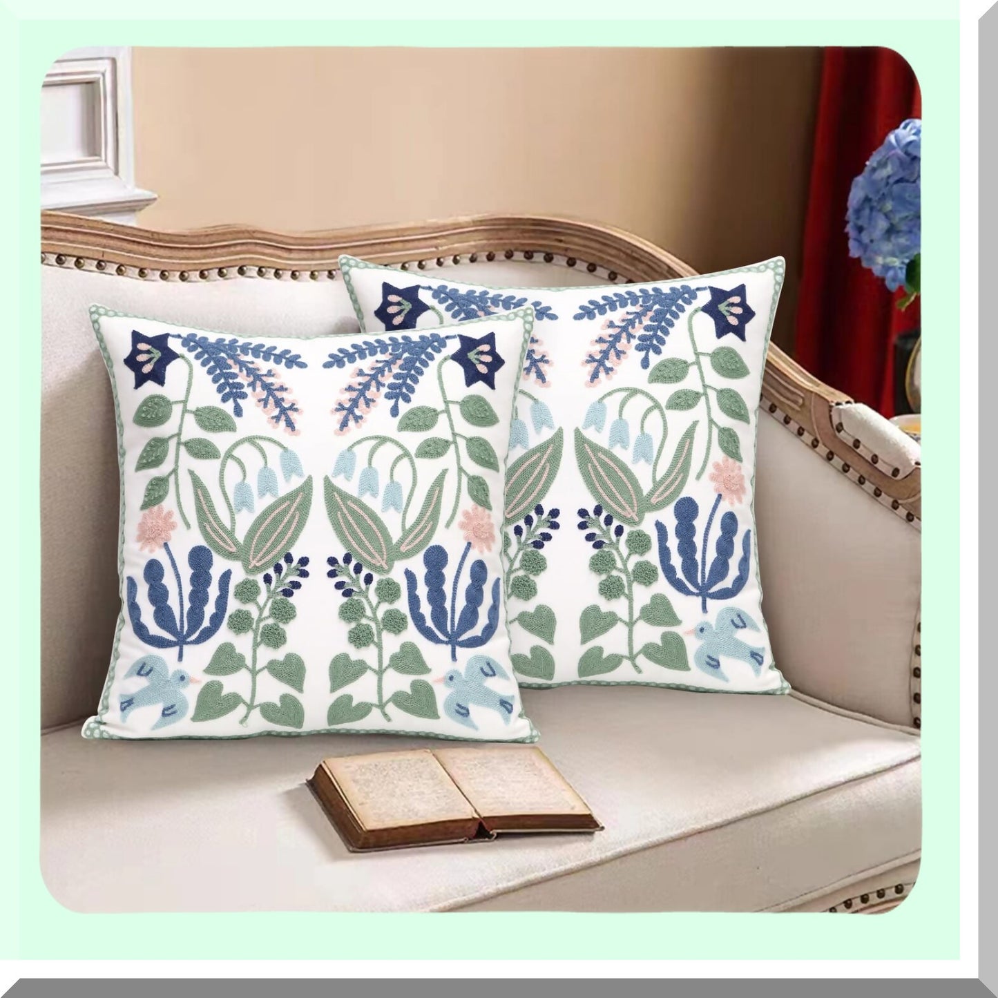 Floral Bird Embroidered Pillowcase Set - Farmhouse Decorative Throw Pillow Cover 18x18 Inch for Living Room Sofa Bed - Pack of 2 Flower Cushion Cover