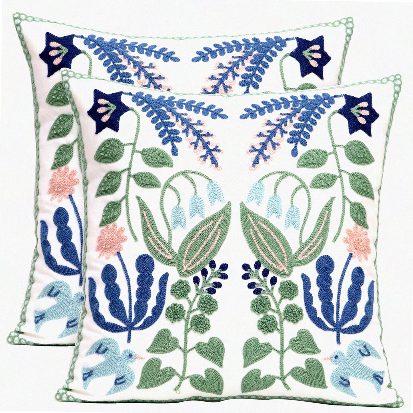 Floral Bird Embroidered Pillowcase Set - Farmhouse Decorative Throw Pillow Cover 18x18 Inch for Living Room Sofa Bed - Pack of 2 Flower Cushion Cover