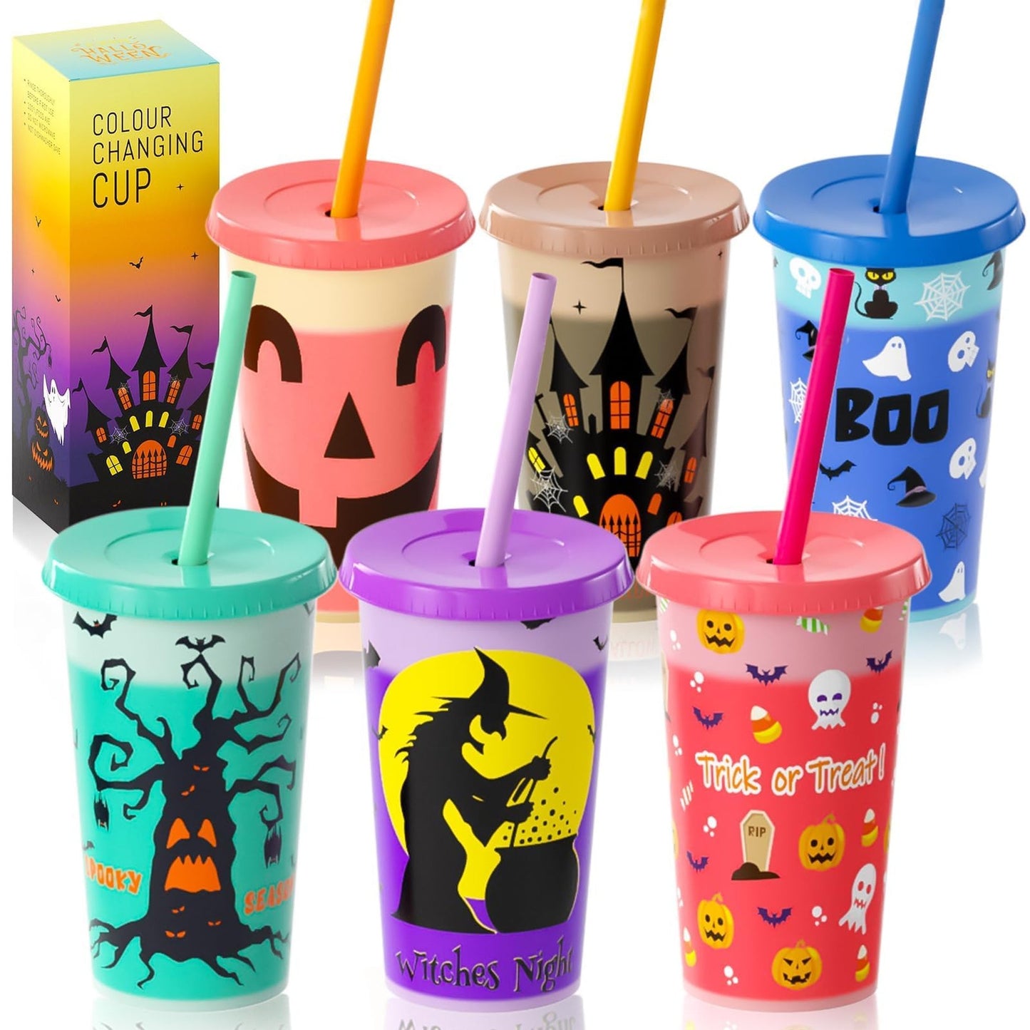 ColorSplash Kids Tumbler Set - 6 Pack 12oz Color Changing Plastic Cups with Lid & Straw for Coffee, Tea, Cold Drinks - Party Favors & Supplies