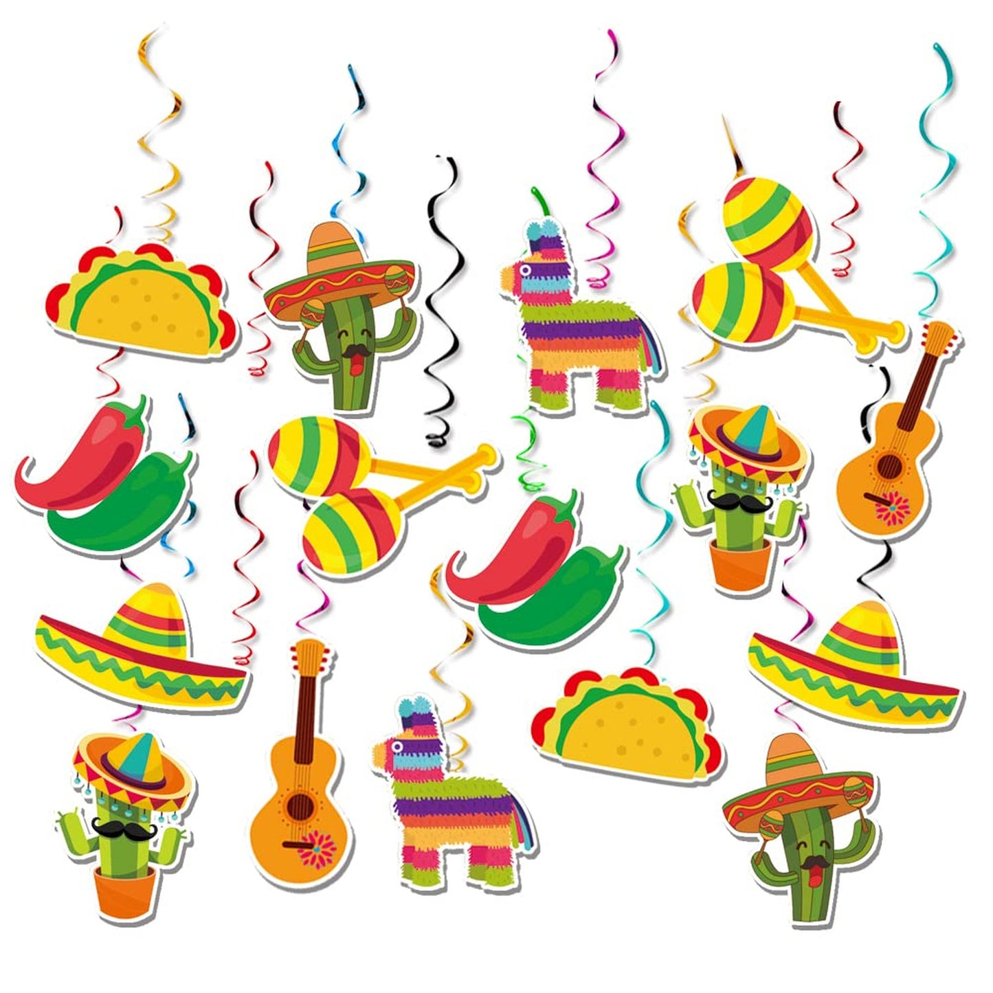 Fiesta Taco Swirls - 32pc Hanging Decorations for Cinco De Mayo, Birthday, Boys Girls Shower. Add a festive touch to your Mexican Fiesta party!