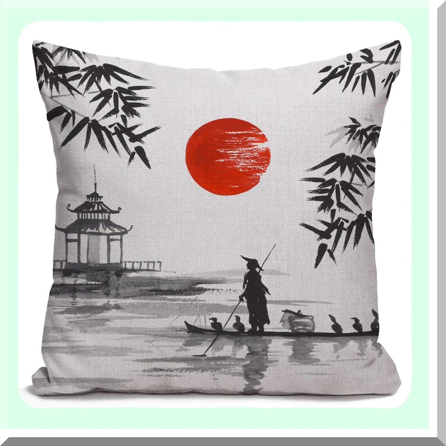Japanese Boatman Cotton Linen Throw Pillow Cover - Home Office Decor - Traditional Painting Cushion Case - Square 16X16 Inches - No Insert