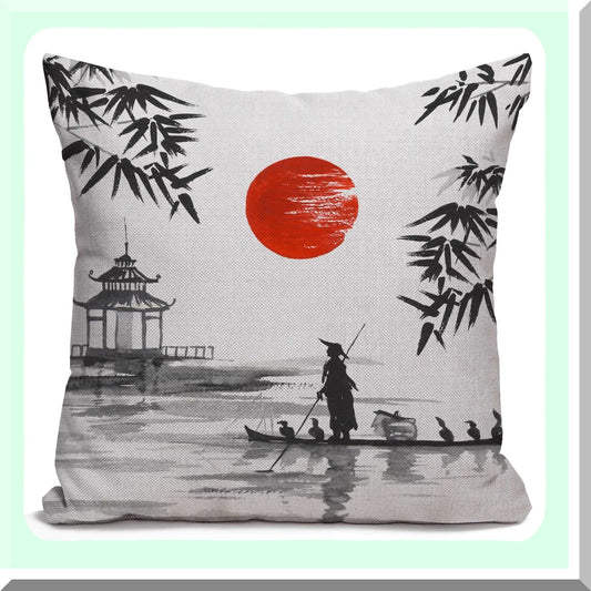 Japanese Boatman Cotton Linen Throw Pillow Cover - Home Office Decor - Traditional Painting Cushion Case - Square 16X16 Inches - No Insert
