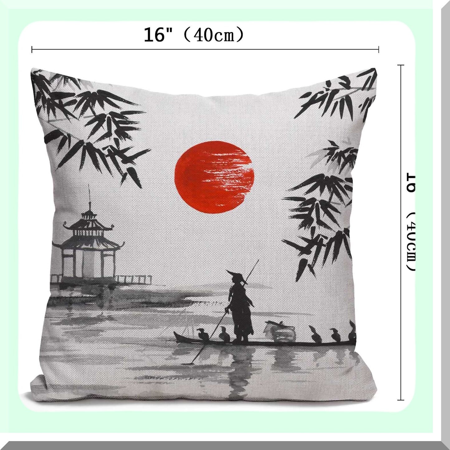 Japanese Boatman Cotton Linen Throw Pillow Cover - Home Office Decor - Traditional Painting Cushion Case - Square 16X16 Inches - No Insert