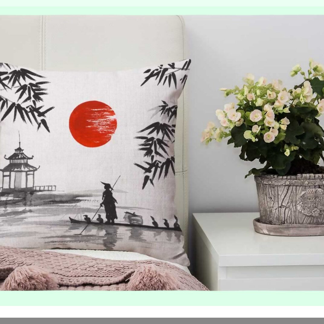 Japanese Boatman Cotton Linen Throw Pillow Cover - Home Office Decor - Traditional Painting Cushion Case - Square 16X16 Inches - No Insert