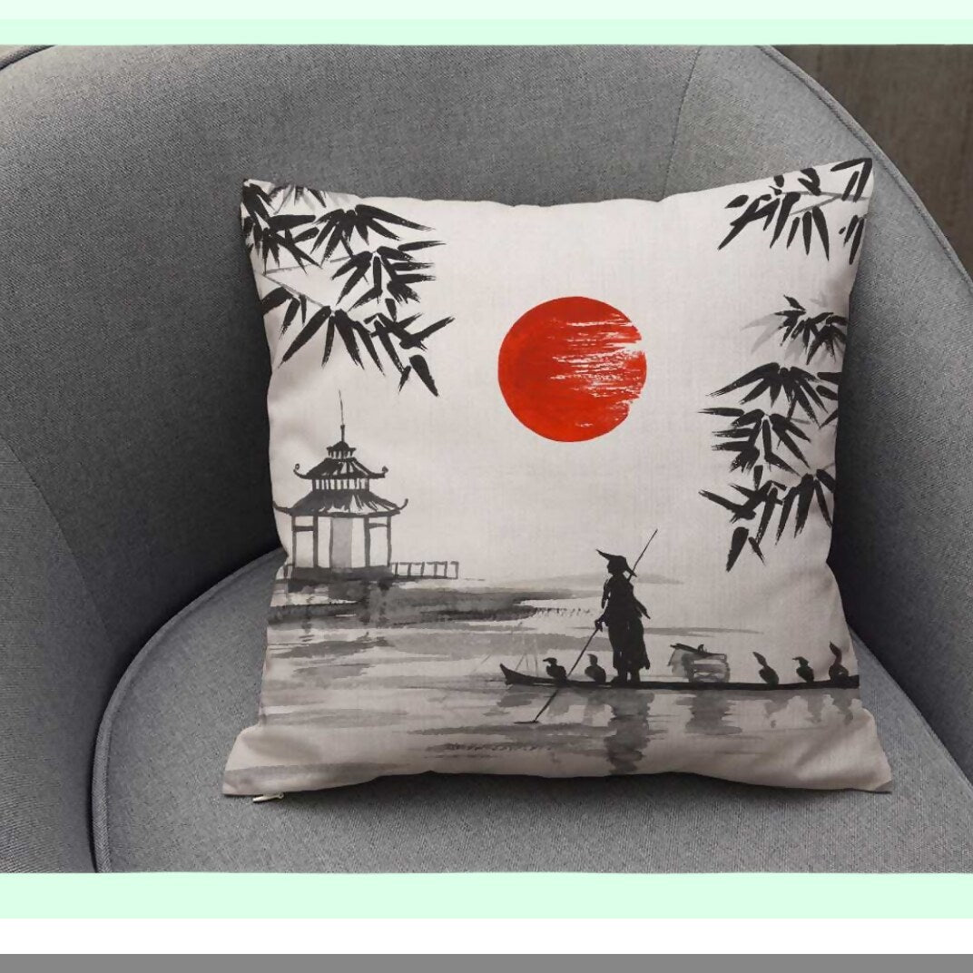 Japanese Boatman Cotton Linen Throw Pillow Cover - Home Office Decor - Traditional Painting Cushion Case - Square 16X16 Inches - No Insert