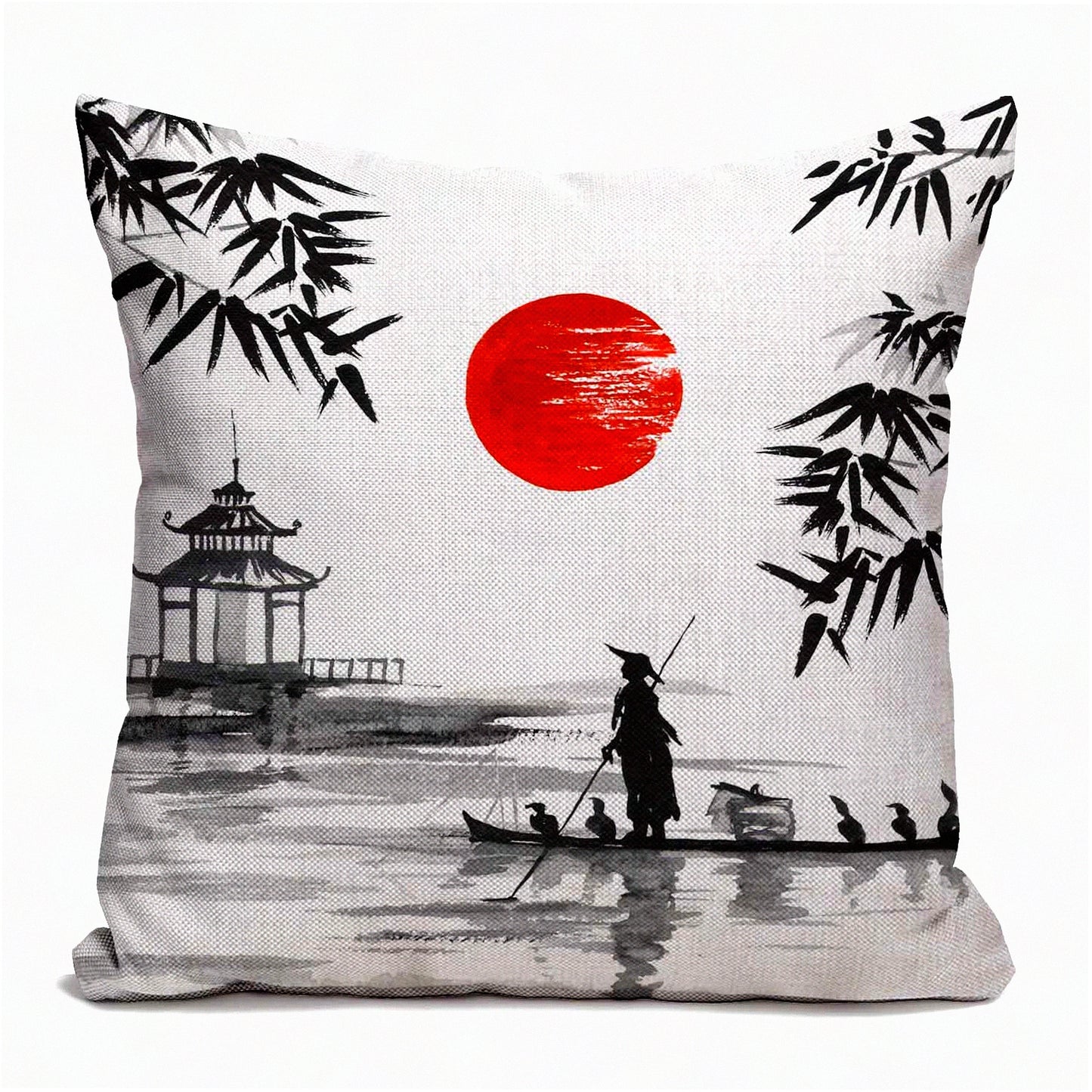 Japanese Boatman Cotton Linen Throw Pillow Cover - Home Office Decor - Traditional Painting Cushion Case - Square 16X16 Inches - No Insert