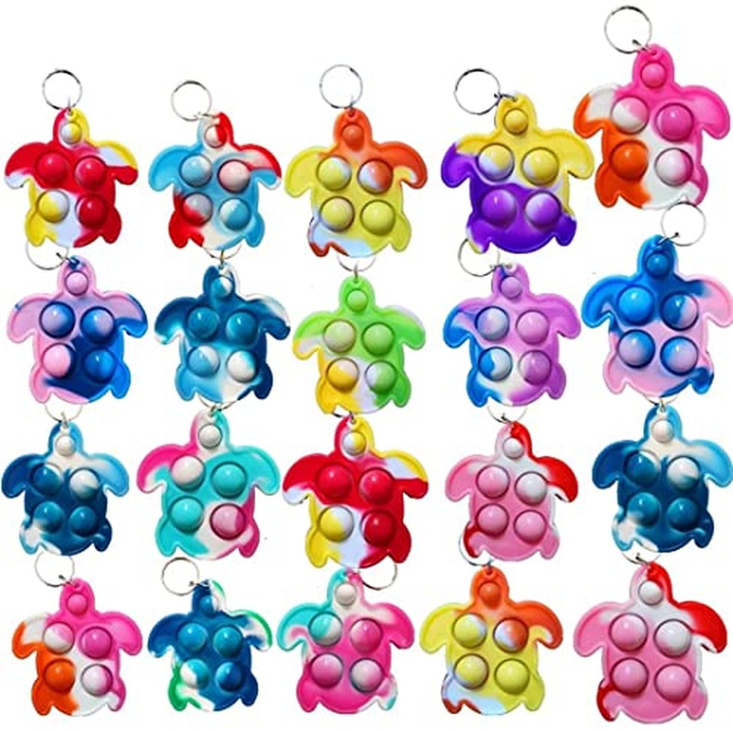 20 Pack Rainbow Mini Pop Turtle Fidget Keychains for Stress Relief and Gifts