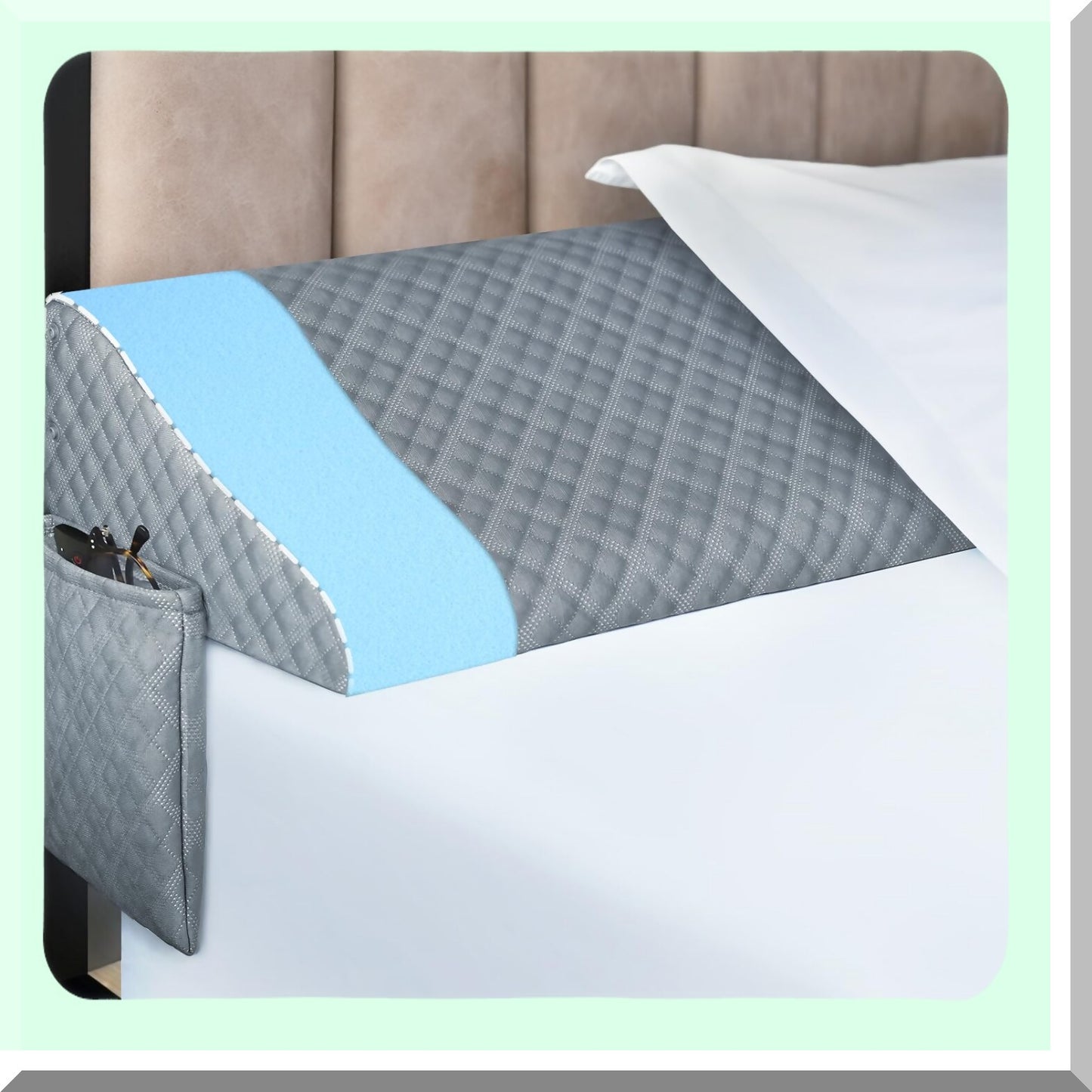 Headboard Gap Pillow Wedge - Queen Size Mattress Space Filler with Side Pocket - Triangle Foam Stopper for Bed Gap - Grey, 60"x10"x6"