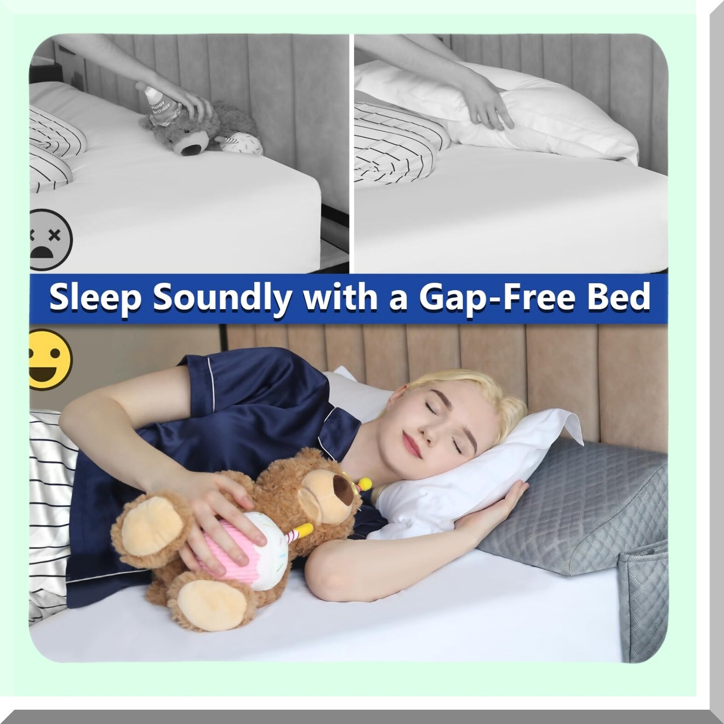 Headboard Gap Pillow Wedge - Queen Size Mattress Space Filler with Side Pocket - Triangle Foam Stopper for Bed Gap - Grey, 60"x10"x6"