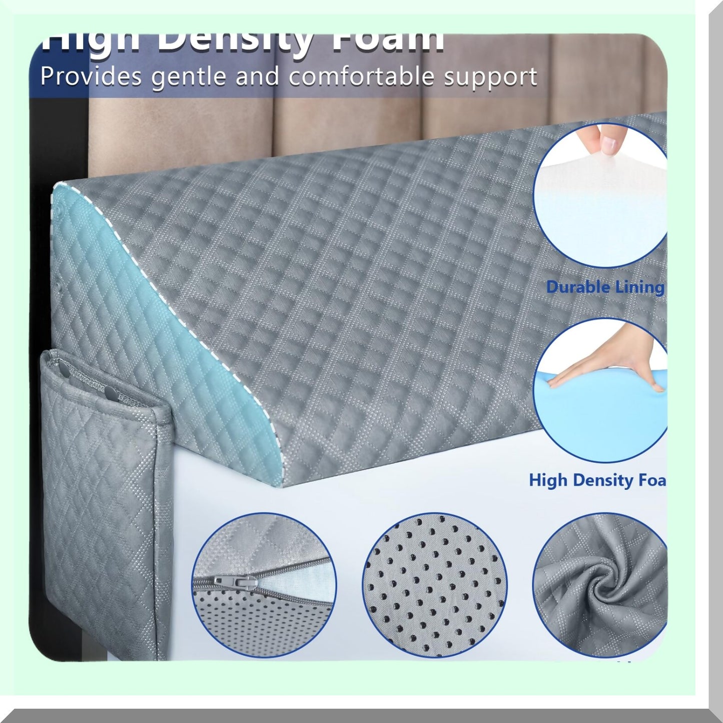 Headboard Gap Pillow Wedge - Queen Size Mattress Space Filler with Side Pocket - Triangle Foam Stopper for Bed Gap - Grey, 60"x10"x6"
