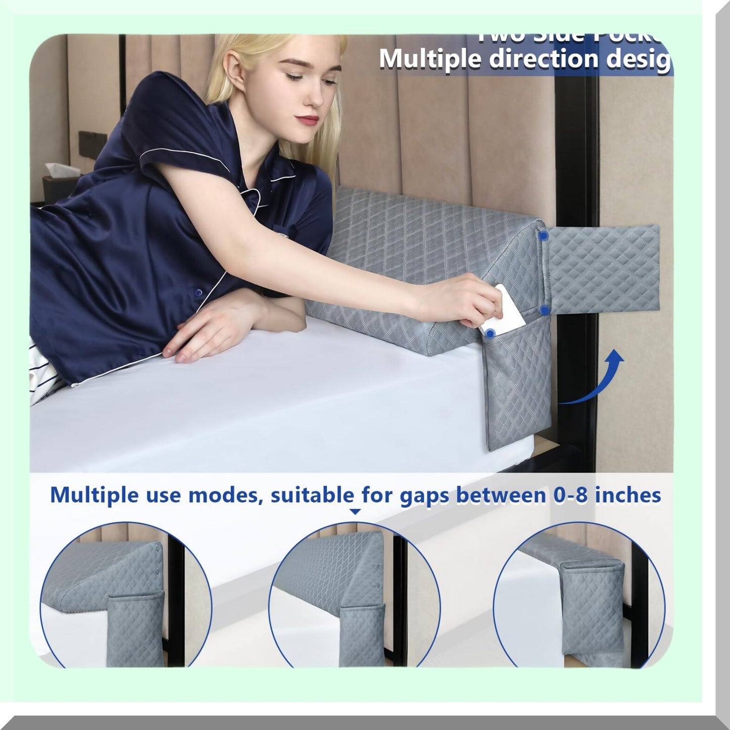 Headboard Gap Pillow Wedge - Queen Size Mattress Space Filler with Side Pocket - Triangle Foam Stopper for Bed Gap - Grey, 60"x10"x6"