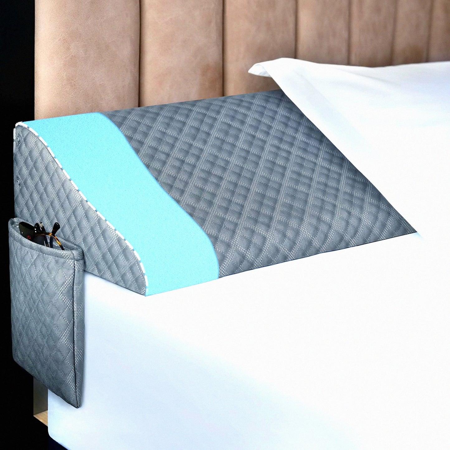 Headboard Gap Pillow Wedge - Queen Size Mattress Space Filler with Side Pocket - Triangle Foam Stopper for Bed Gap - Grey, 60"x10"x6"