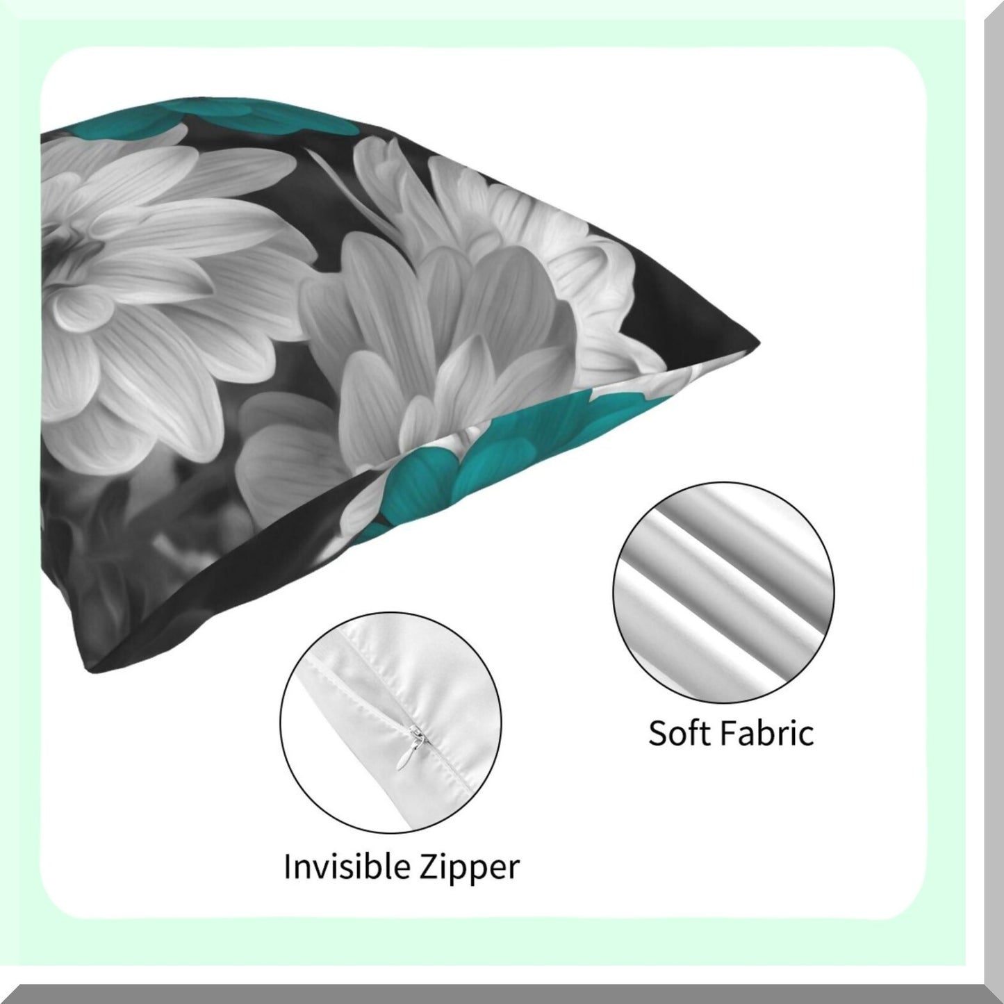 Teal Grey Floral Bliss Pillow Covers - 18x18 Inch Decorative Cushion Case for Sofa, Bed, Car - Stylish Home Decor Accent