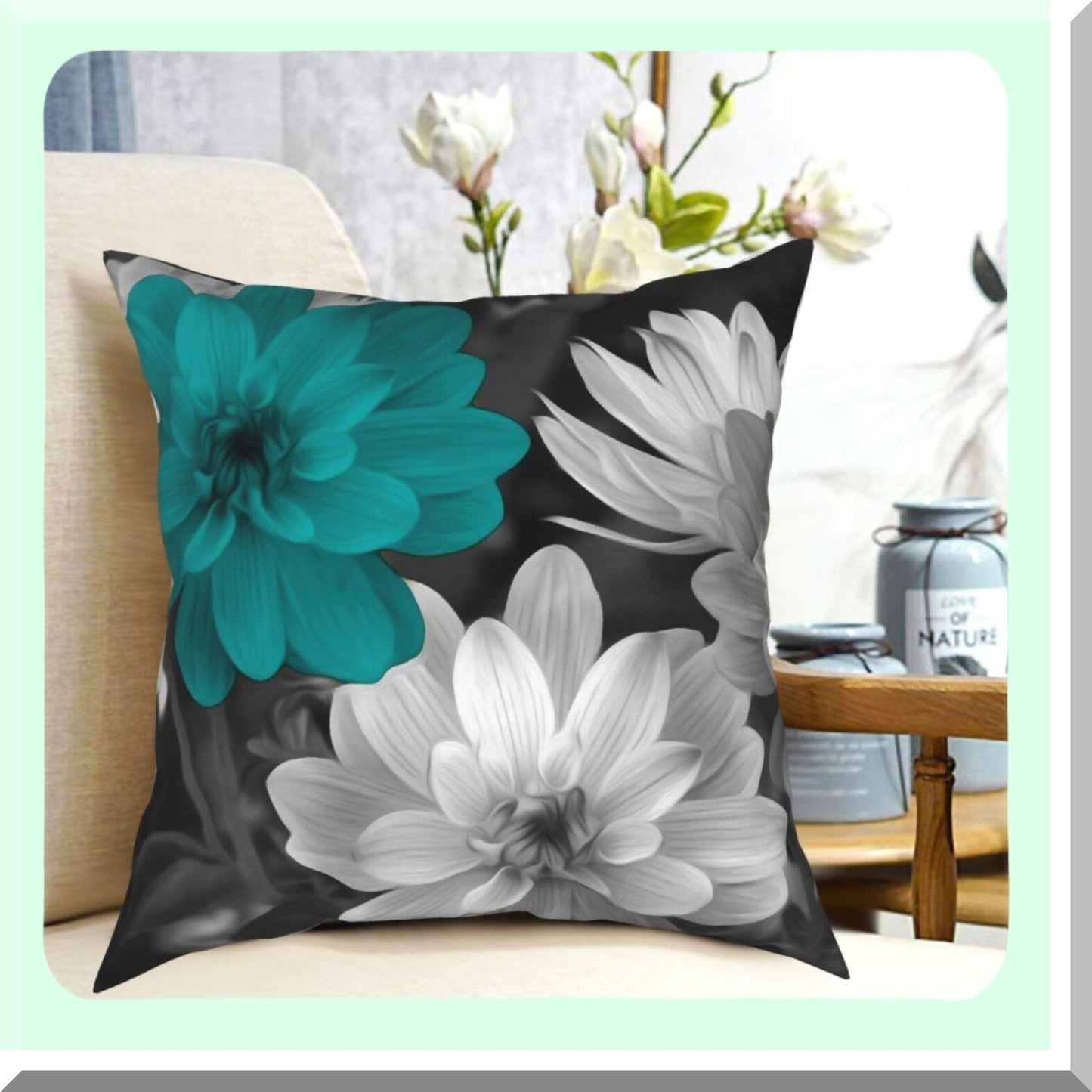 Teal Grey Floral Bliss Pillow Covers - 18x18 Inch Decorative Cushion Case for Sofa, Bed, Car - Stylish Home Decor Accent