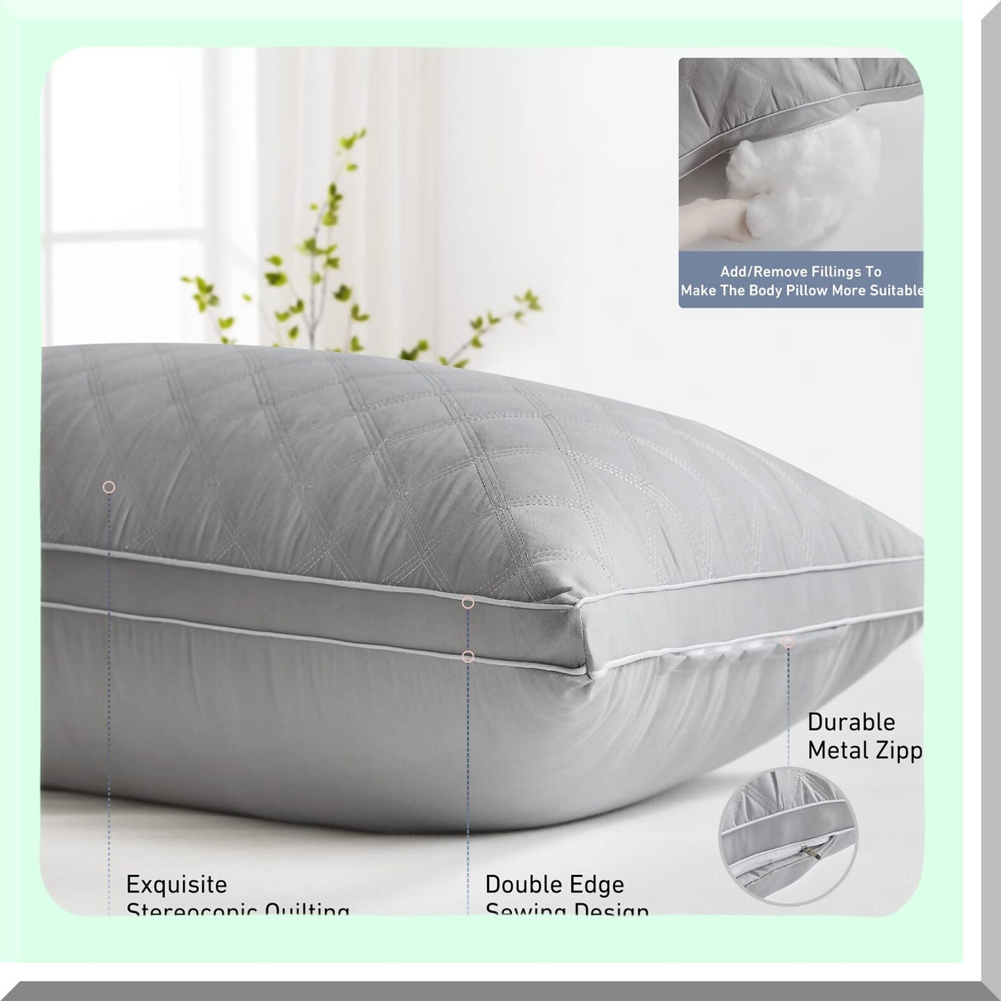 PlushDream Body Pillow - Premium Grey Firm Fluffy Long Pillow 21 x 54 - Soft Plush Full Body Pillows - Adjustable Side Pillow for Sleeping - Ultimate Comfort and Support