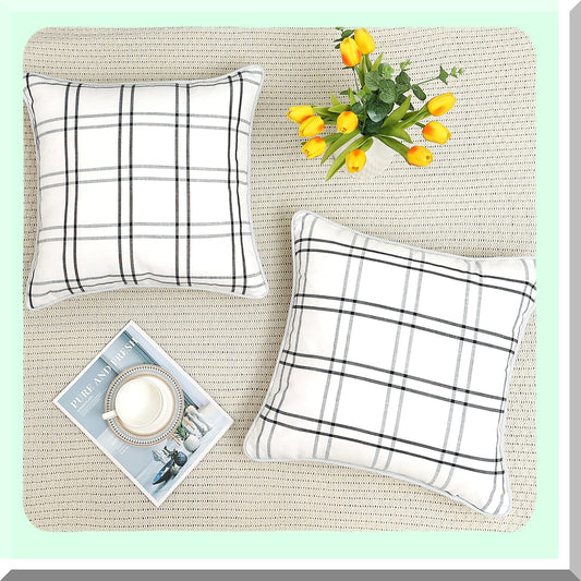 Farmhouse Plaid Stripe Pillow Covers - Rustic Cushion Cases for Sofa Decor - Linen Texture Black White Throw Pillow Cases - Set of 2 (18x18 inches)