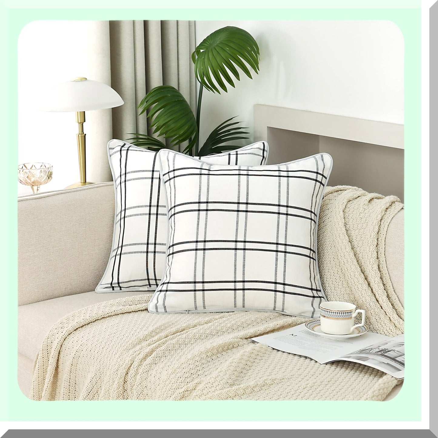 Farmhouse Plaid Stripe Pillow Covers - Rustic Cushion Cases for Sofa Decor - Linen Texture Black White Throw Pillow Cases - Set of 2 (18x18 inches)