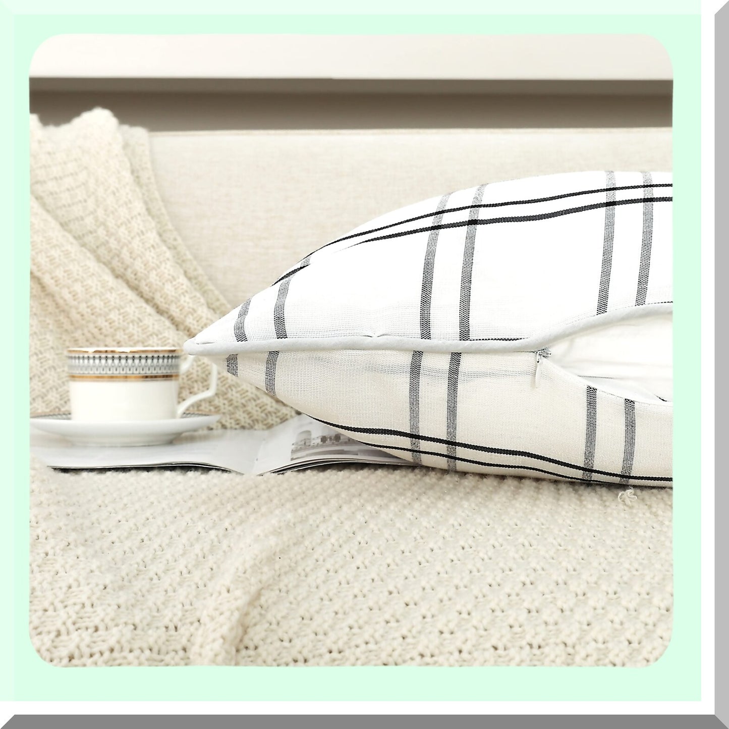 Farmhouse Plaid Stripe Pillow Covers - Rustic Cushion Cases for Sofa Decor - Linen Texture Black White Throw Pillow Cases - Set of 2 (18x18 inches)