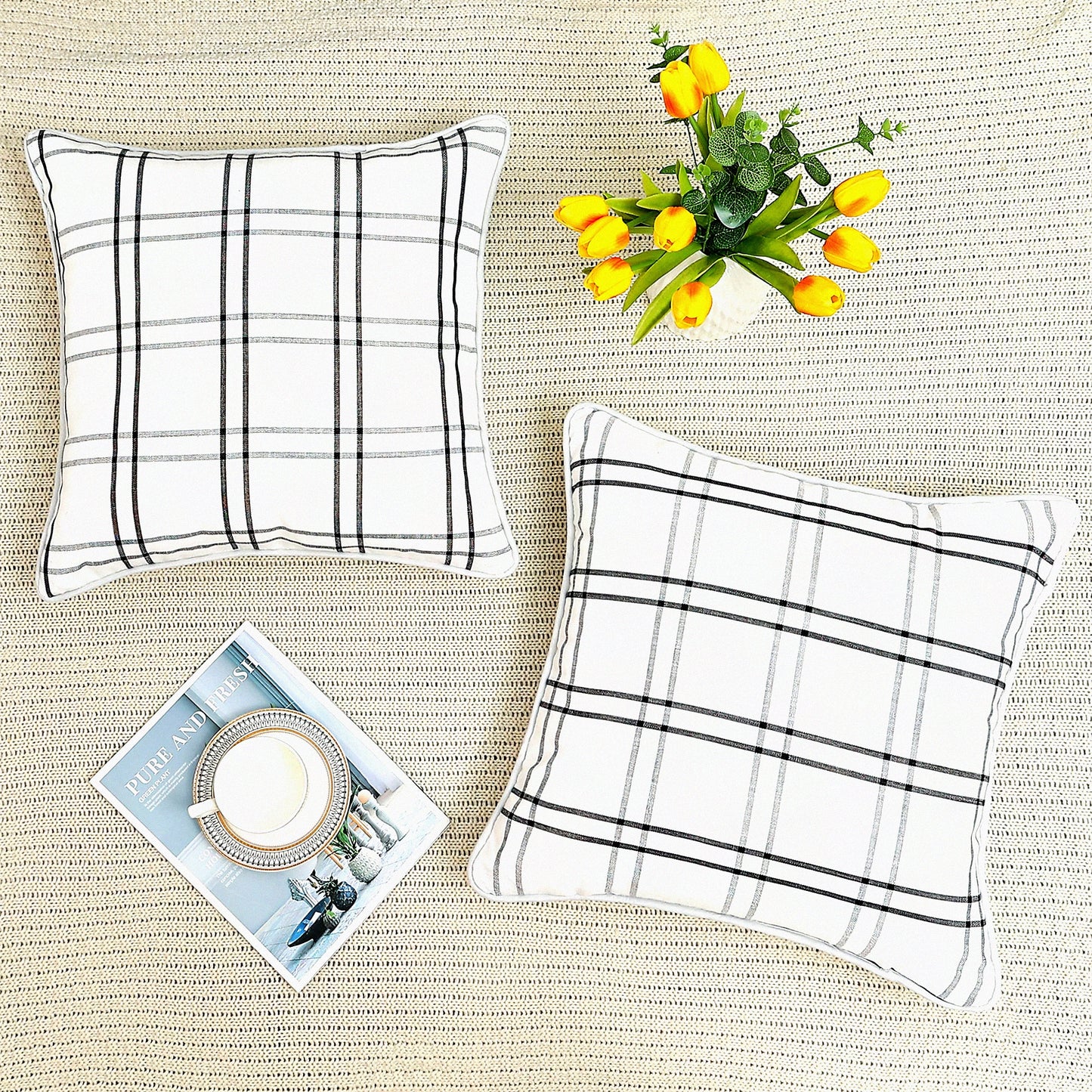 Farmhouse Plaid Stripe Pillow Covers - Rustic Cushion Cases for Sofa Decor - Linen Texture Black White Throw Pillow Cases - Set of 2 (18x18 inches)