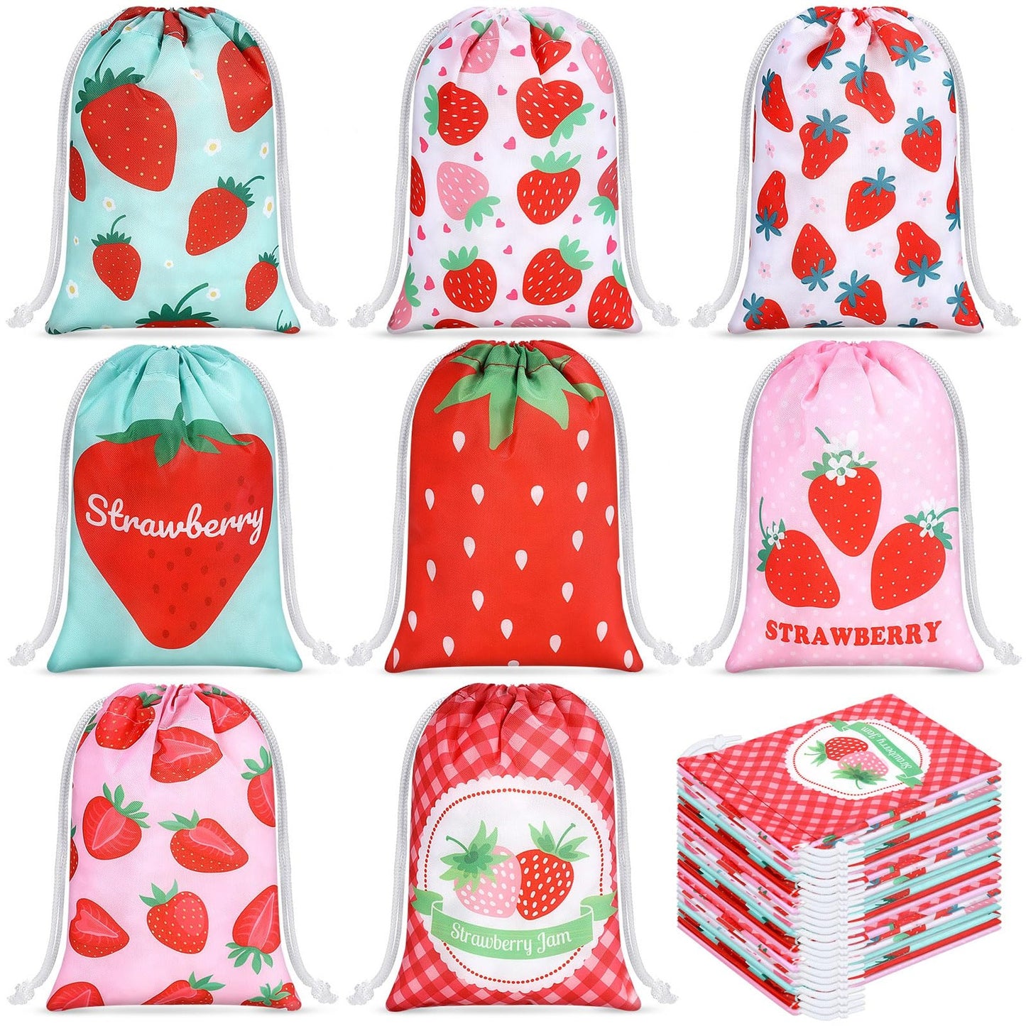 Strawberry Bliss Party Bags - Set of 24 Drawstring Gift Bags for Kids' Fruit Birthday Parties, Baby Showers, and Weddings. Reusable Goodie Bags.
