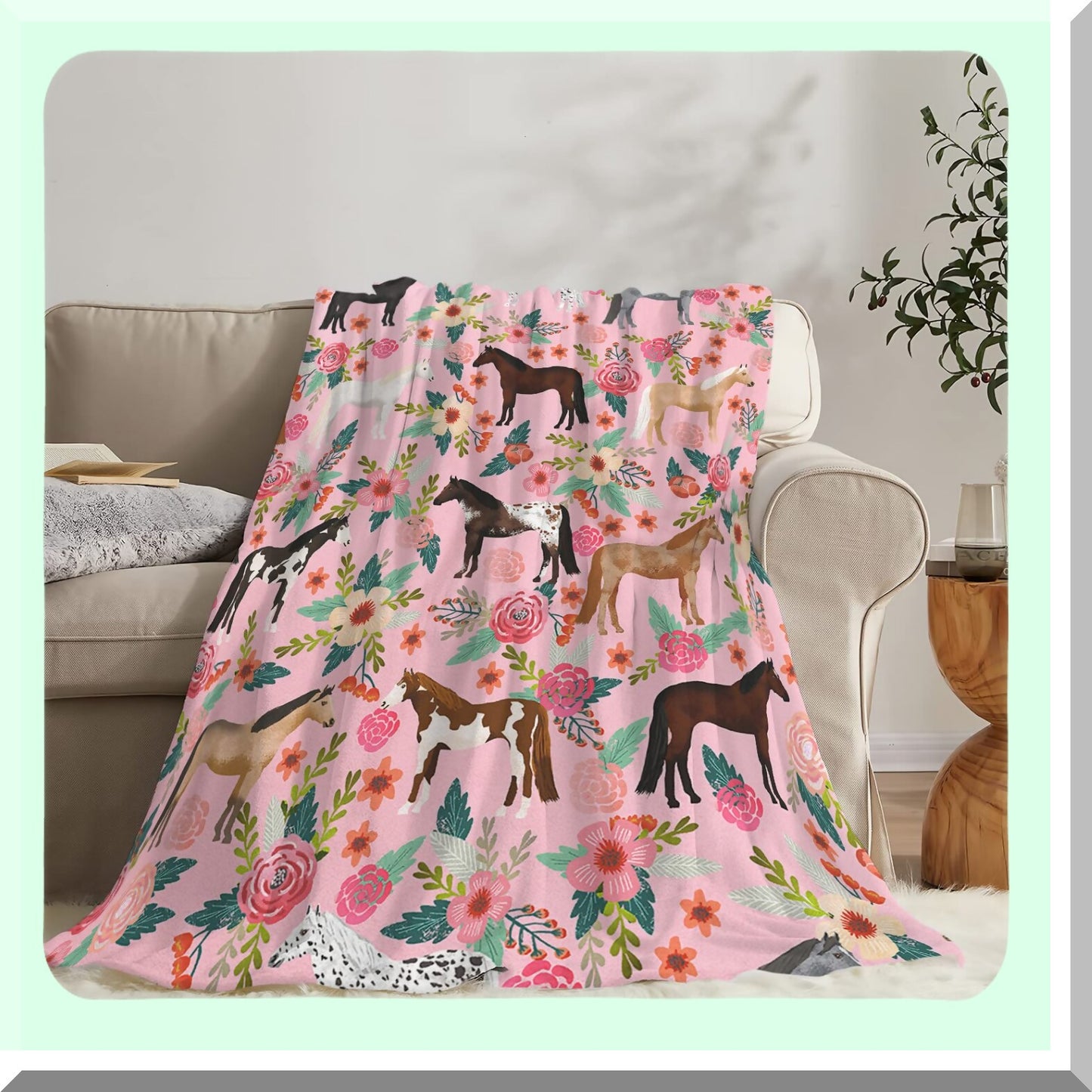 EquiFlora Cozy Fleece: Soft Pink Horse Blanket for Girls & Women - Cute Floral Design, Lightweight Plush Throw for Horse Lovers, Perfect for Bed or Sofa