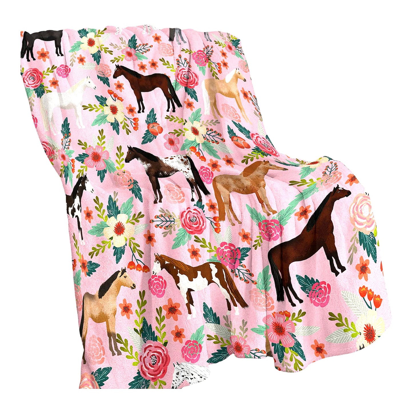 EquiFlora Cozy Fleece: Soft Pink Horse Blanket for Girls & Women - Cute Floral Design, Lightweight Plush Throw for Horse Lovers, Perfect for Bed or Sofa