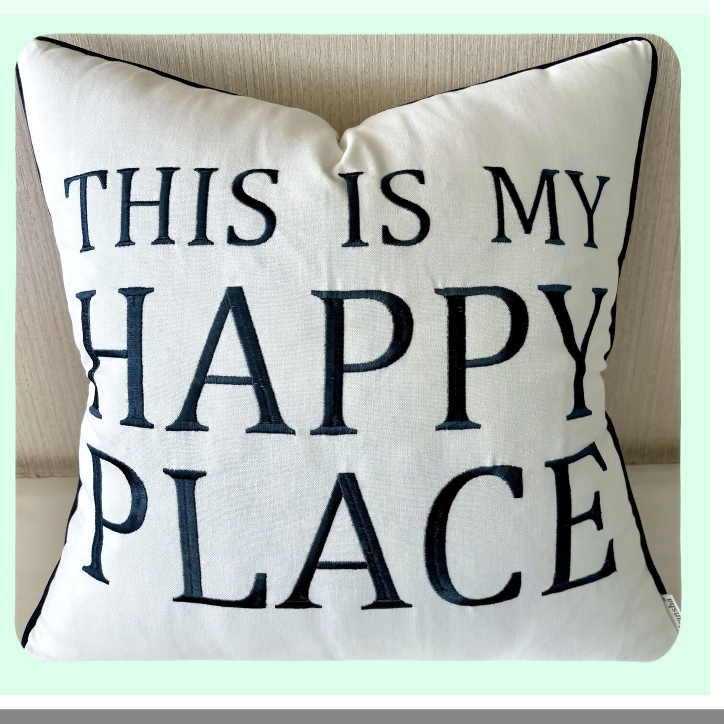 Happy Home Embroidered Accent Pillow Cover - Decorative Square Throw Pillow for New Home Decor & Housewarming Gift - Offwhite Grey-Dark Grey 18x18