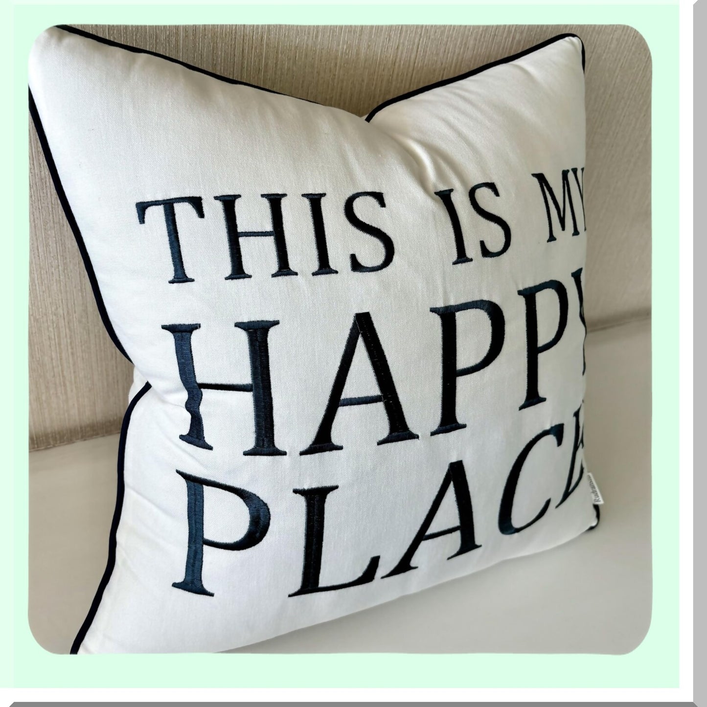 Happy Home Embroidered Accent Pillow Cover - Decorative Square Throw Pillow for New Home Decor & Housewarming Gift - Offwhite Grey-Dark Grey 18x18