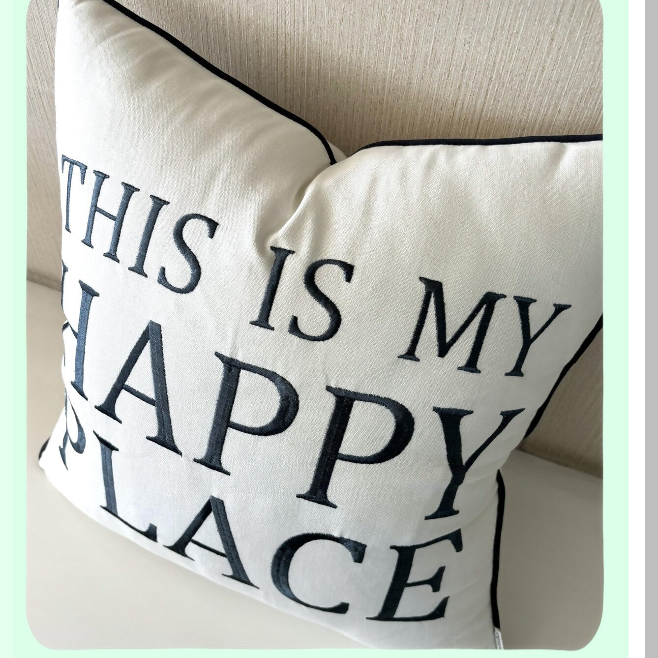 Happy Home Embroidered Accent Pillow Cover - Decorative Square Throw Pillow for New Home Decor & Housewarming Gift - Offwhite Grey-Dark Grey 18x18