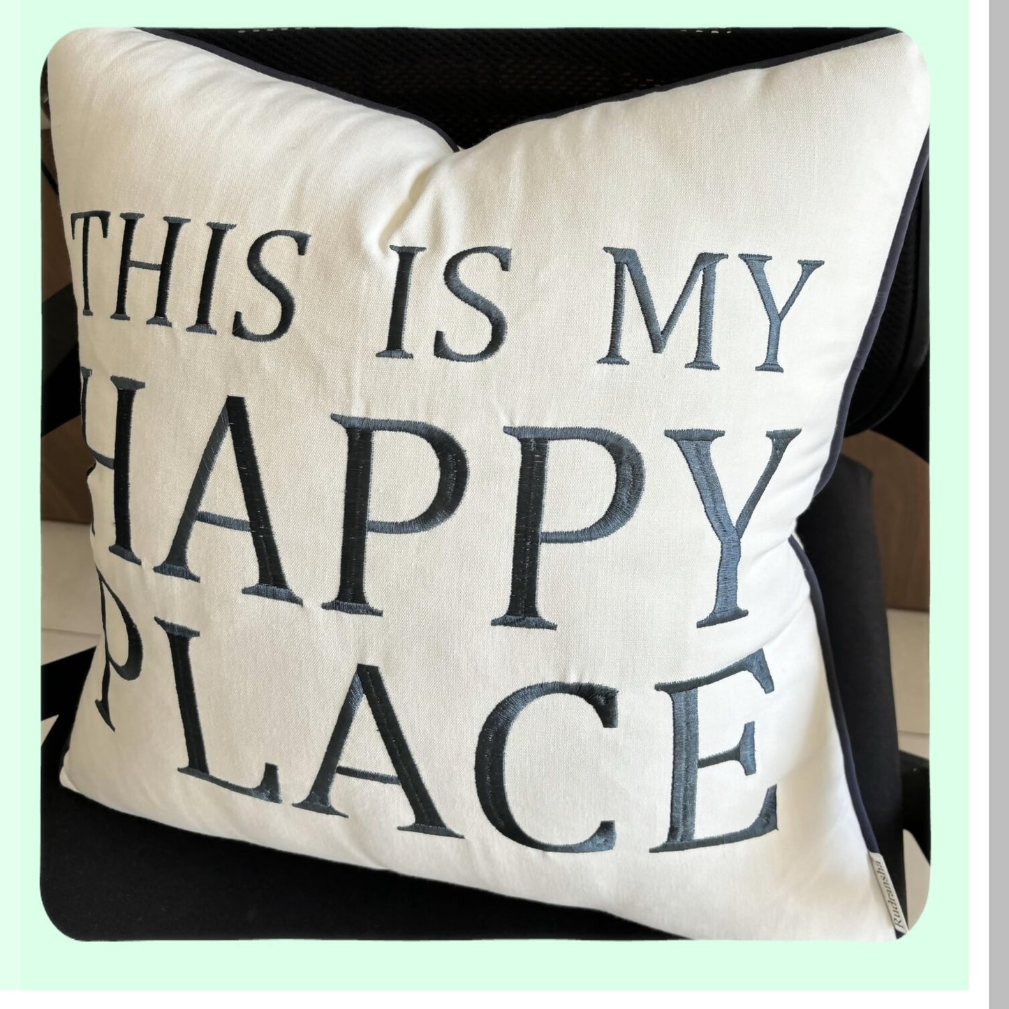 Happy Home Embroidered Accent Pillow Cover - Decorative Square Throw Pillow for New Home Decor & Housewarming Gift - Offwhite Grey-Dark Grey 18x18