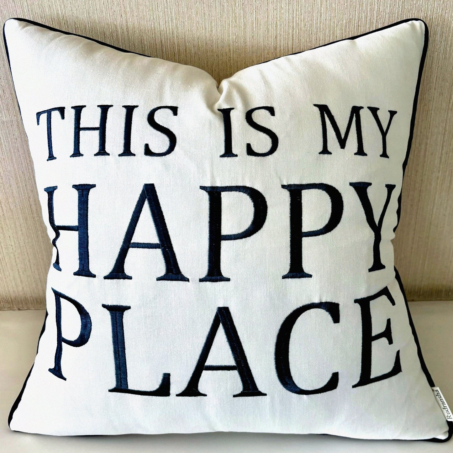 Happy Home Embroidered Accent Pillow Cover - Decorative Square Throw Pillow for New Home Decor & Housewarming Gift - Offwhite Grey-Dark Grey 18x18