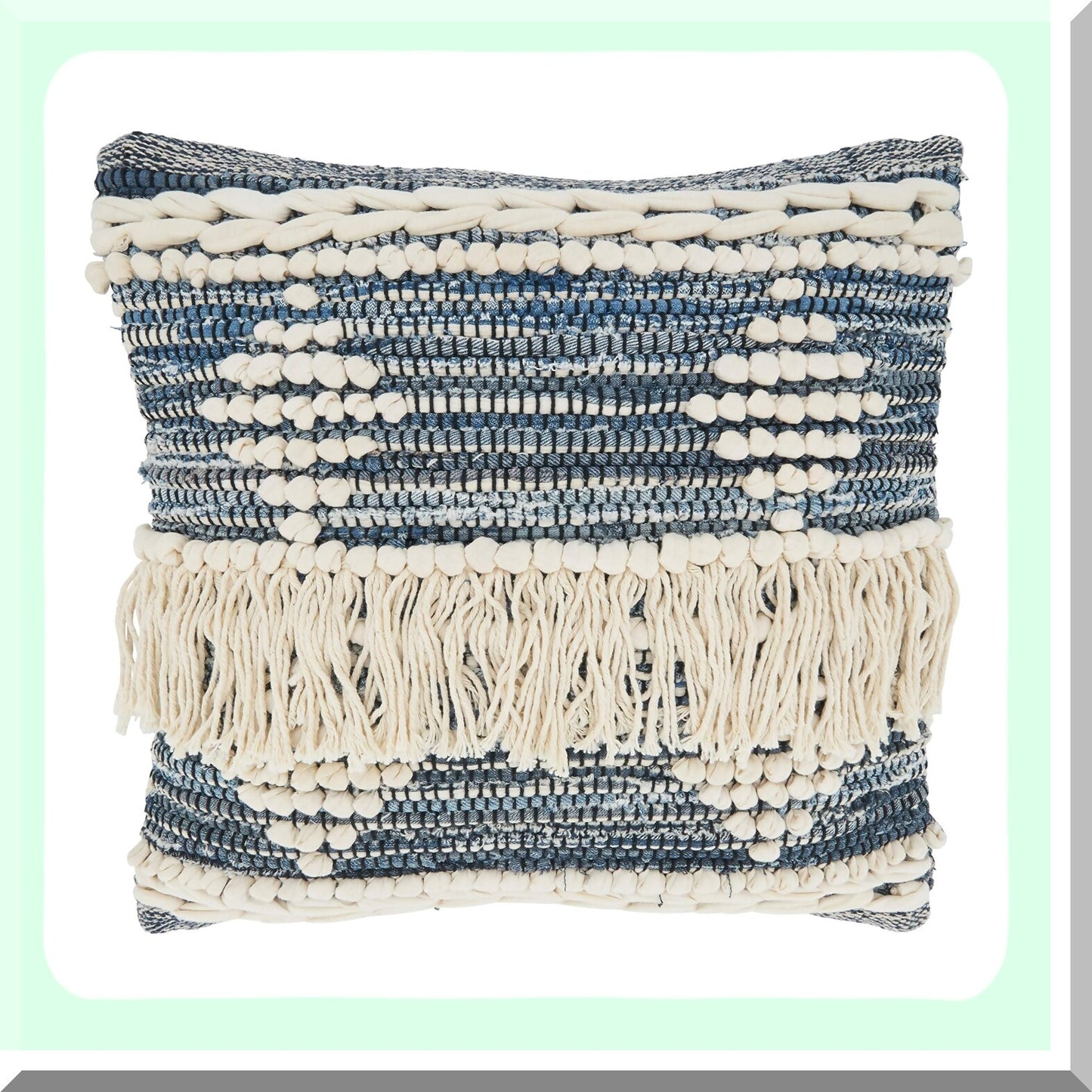 Blue Fringe Decorative Pillow Cover - Boho Chic 18" Throw Cushion Case with Tassel Trim - Soft Cotton Sofa Accent Pillowcase - Home Decor Accessory