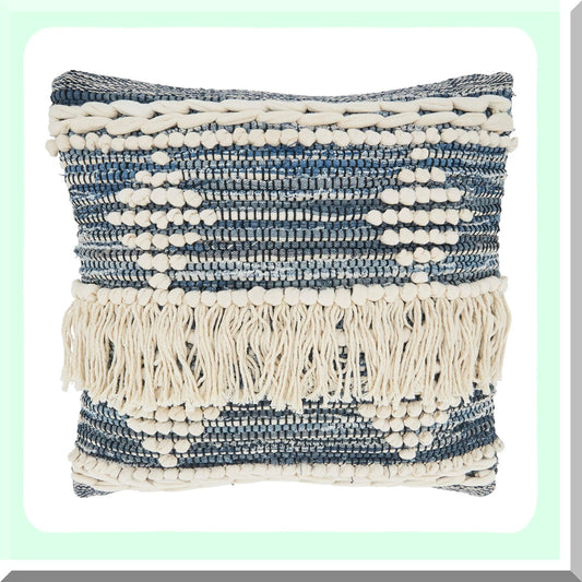 Blue Fringe Decorative Pillow Cover - Boho Chic 18" Throw Cushion Case with Tassel Trim - Soft Cotton Sofa Accent Pillowcase - Home Decor Accessory